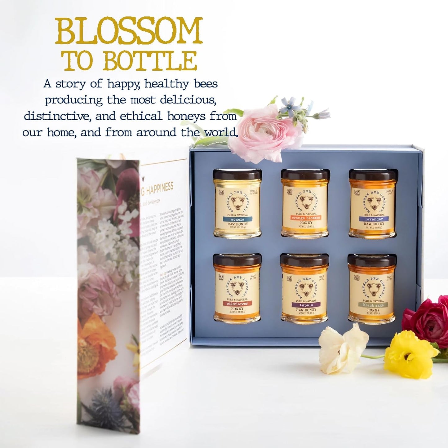 Blossom to Bottle - Honey Gift with Tupelo, Lavender, Wildflower, Black Sage, Acacia and Orange Blossom Honeys - Pure and Natural