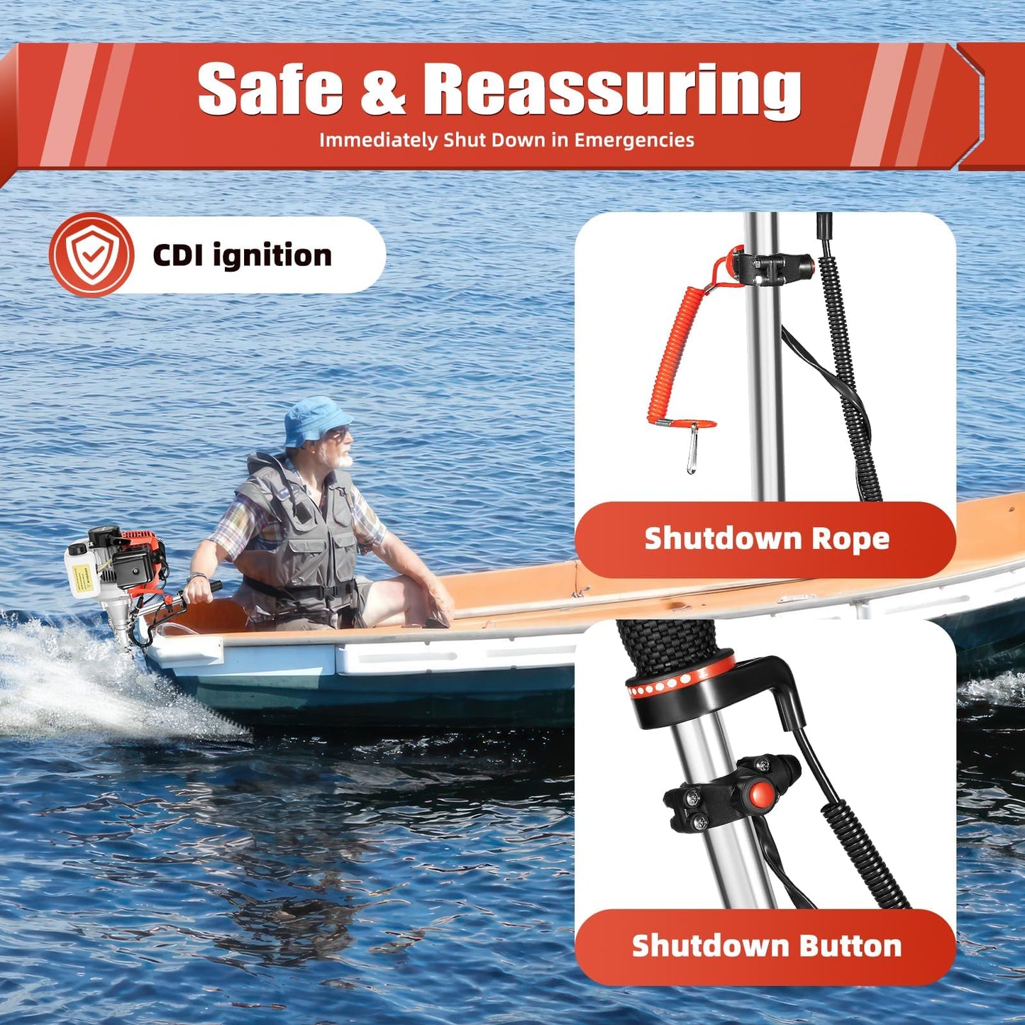 52cc Single Cylinder Gas 2.3HP Outboard Motor, Long Shaft with Air Cooling for Inflatable, Rubber, Fishing Boats, Yachts, Water Sports