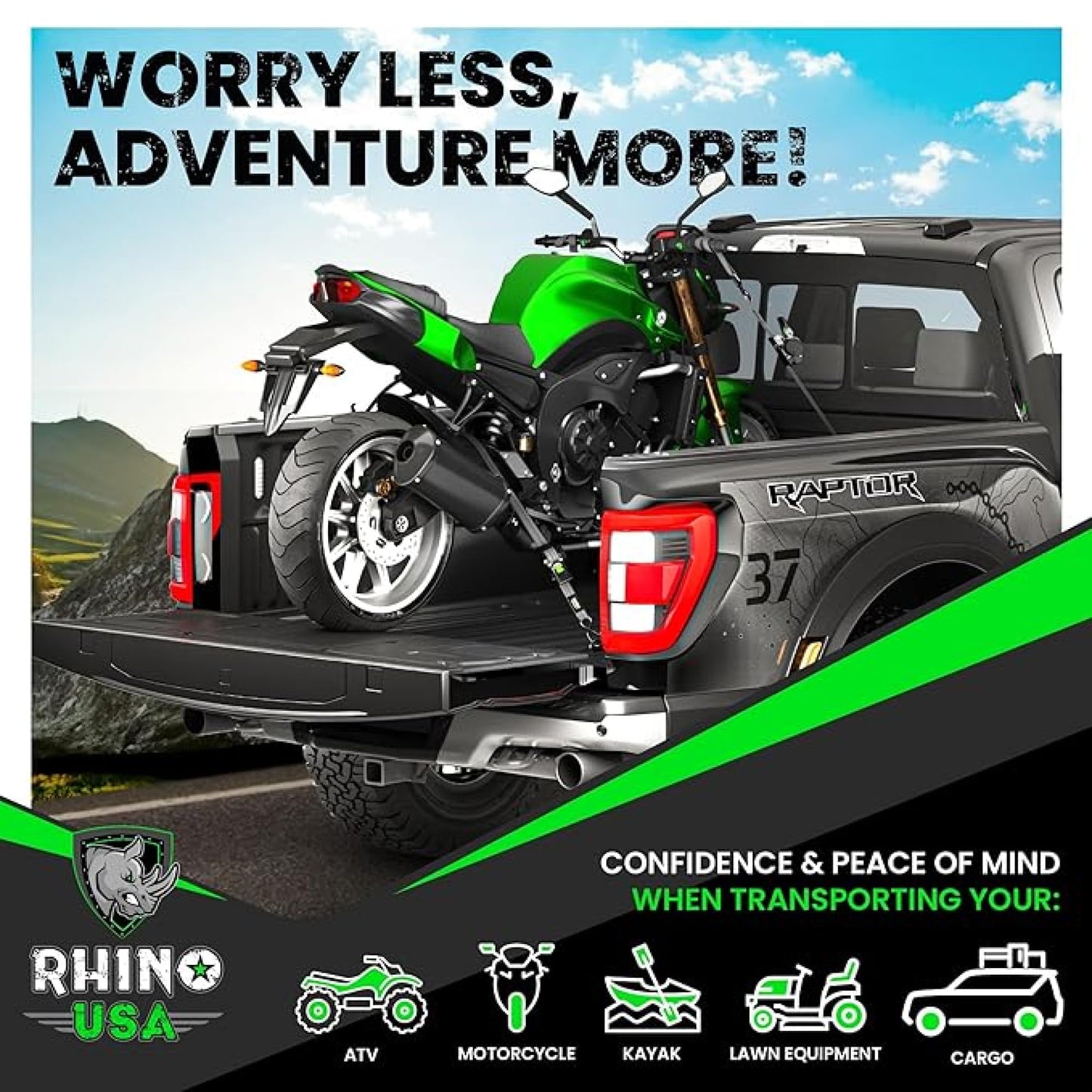 Rhino USA Retractable Ratchet Straps (4-Pack) - 1 Inch x 10 Feet (1,209lb Break Strength) - Heavy Duty Auto Self Retracting Tie Down Straps for Truck, Cargo Trailer, Motorcycle, Rad & More - Black