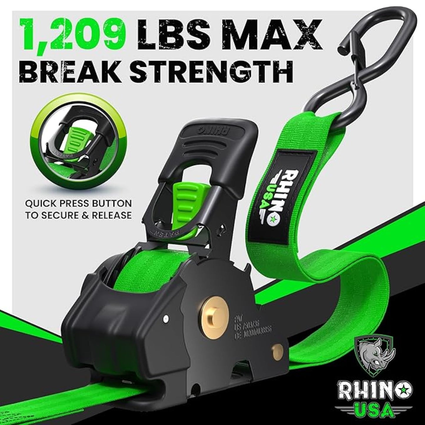 Rhino USA Retractable Ratchet Straps (4-Pack) - 1 Inch x 10 Feet (1,209lb Break Strength) - Heavy Duty Auto Self Retracting Tie Down Straps for Truck, Cargo Trailer, Motorcycle, Rad & More - Black