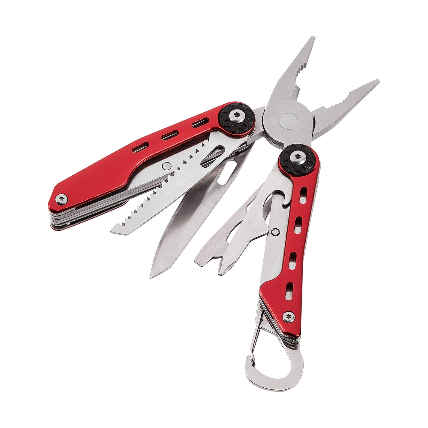 Amazon Basics 10-in-1 Stainless Steel Multitool for Hiking and Survival Gear with Needlenose Pliers, Wire Cutter, Saw, Safety Lock, Nylon Sheath, Red