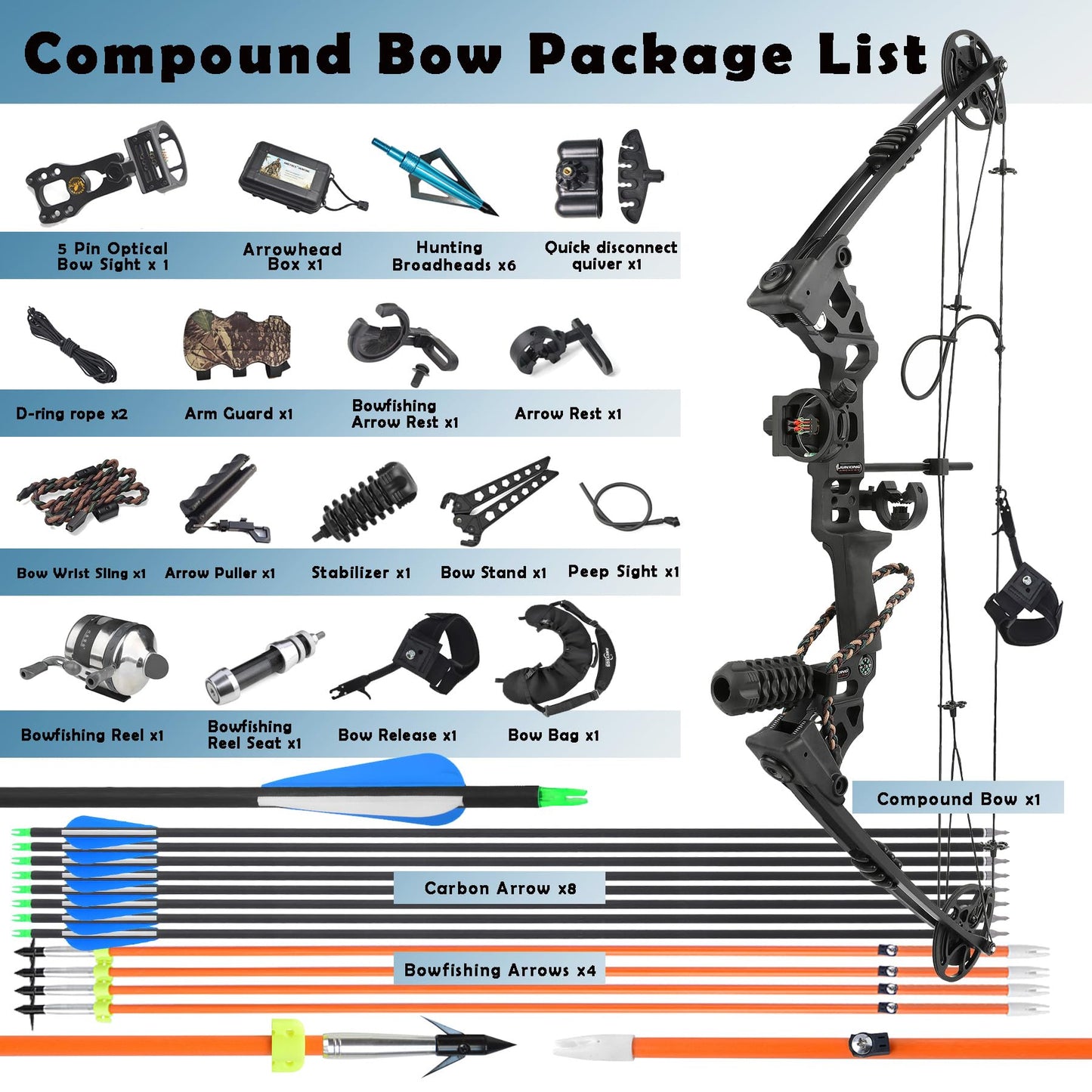 Archery Bowfishing Compound Bow Kit Ready to Fish Kit with Bowfishing Reel, Bow Fishing Arrows Right & Left Handed for Adult/Youth Fishing Hunting Target Shooting