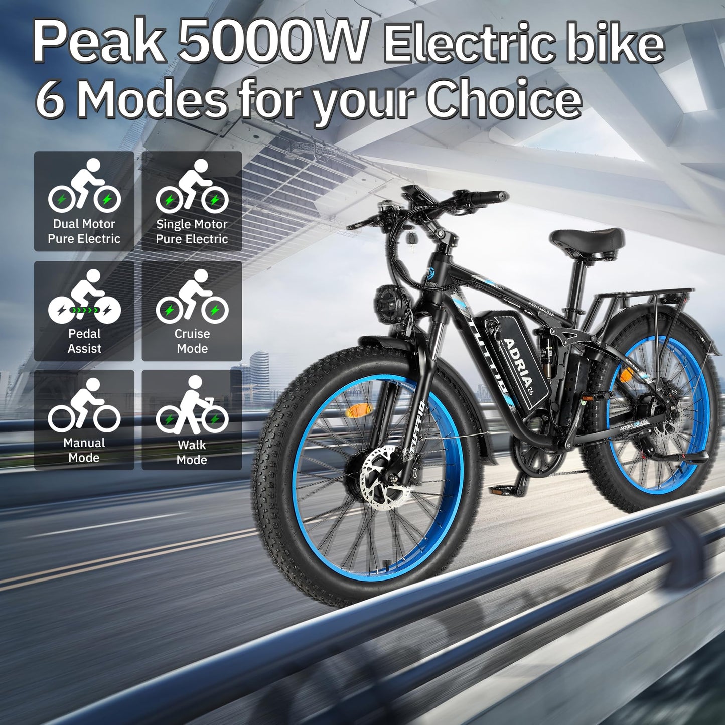 Peak 5000W-Electric-Bike for Adults-Men, Dual-Motor-Ebike 40-46MPH-Hunting-Ebike, 52V 30AH Long Range Dirtbike, 26" Fat-Tire-Electric-Bicycle, Full Suspension Mountain Bike for Off-Road Snow Sand