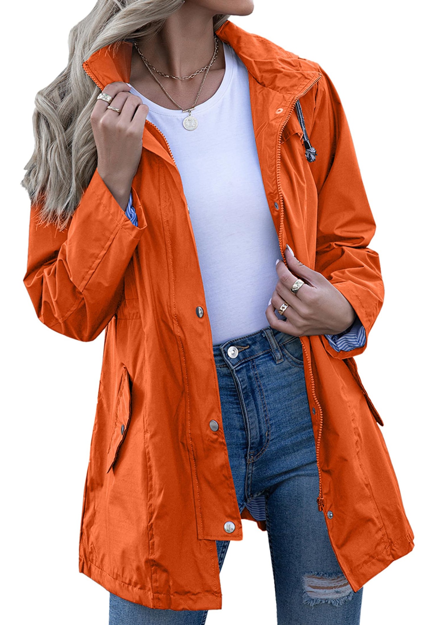 Rain Jacket Women Striped Lined Hooded Lightweight Raincoat Outdoor Waterproof Windbreaker