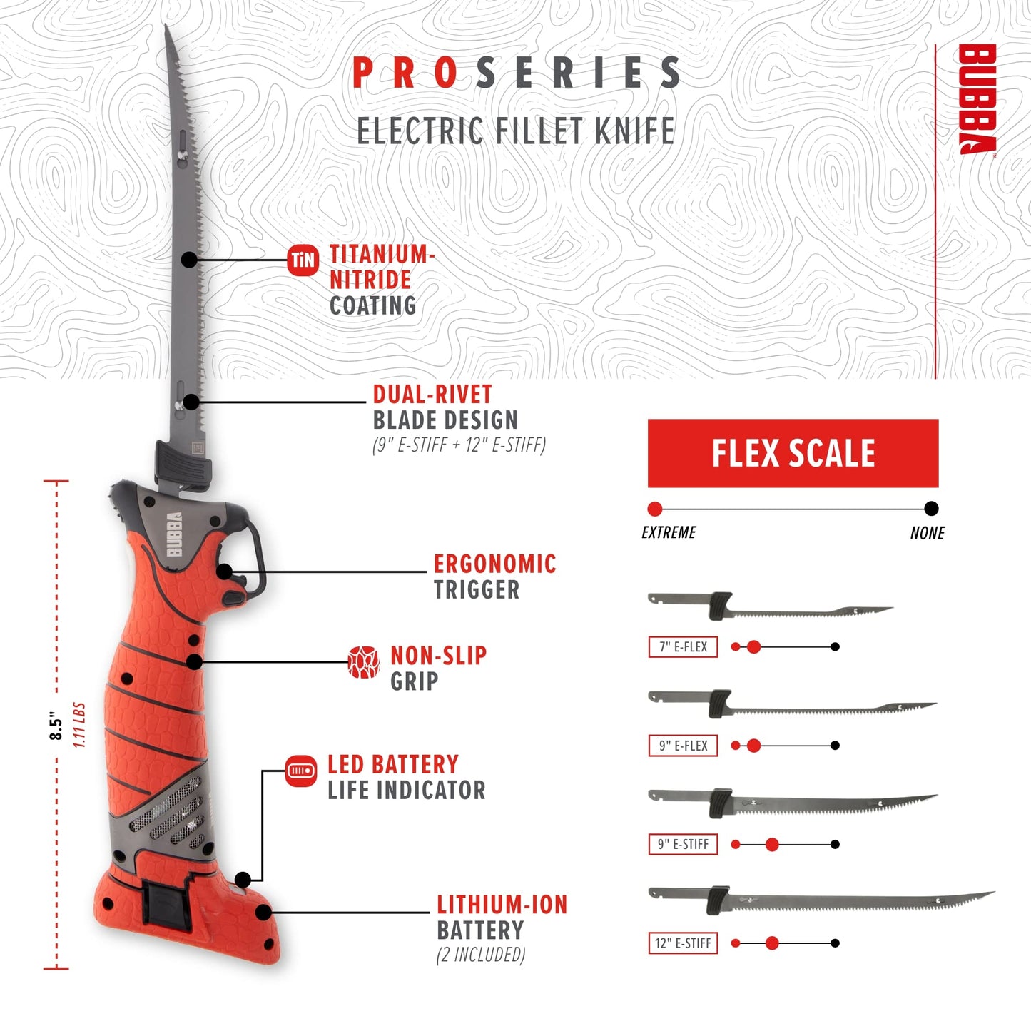 Bubba Pro Series Lithium-Ion Electric Fillet Knife with Non-Slip Grip Handle, 4 Ti-Nitride S.S. Coated Non-Stick Reciprocating Blades, Charger and Case for Fishing