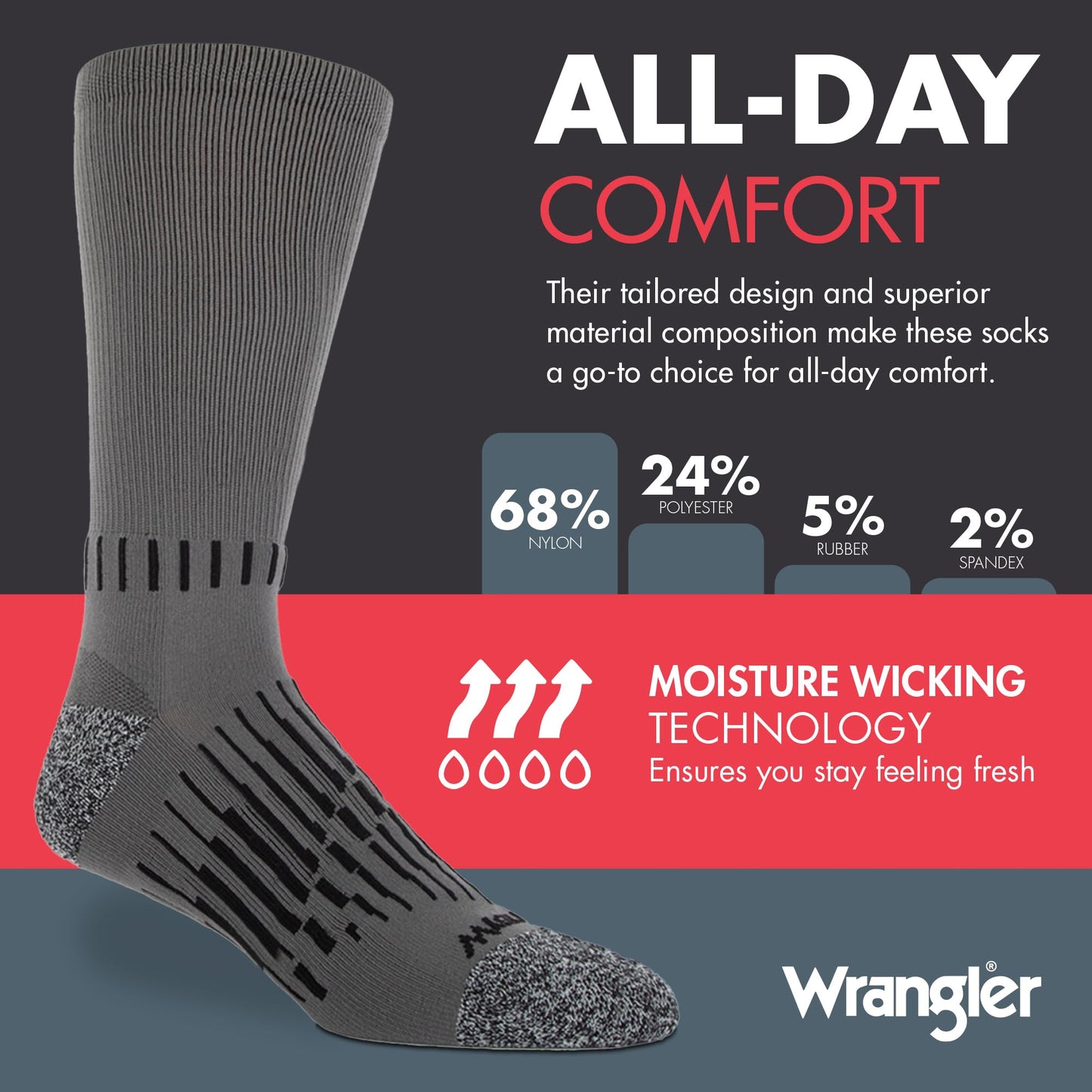 Wrangler - Peak Men's Crew Socks - Durable Half Cushion Socks with Arch Support