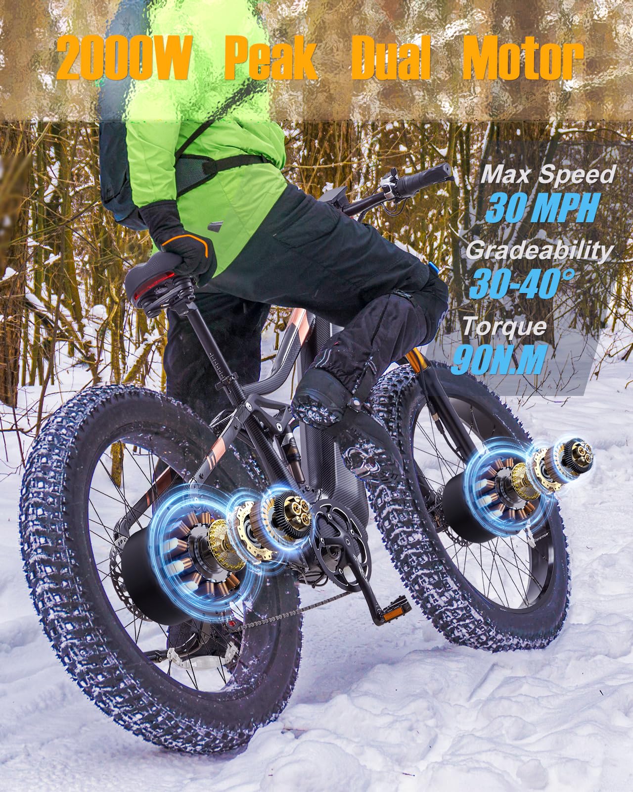 Dual Motor 2000W/1000W Electric Bike for Adults 48V 30AH/20Ah Long Range ebike Removable Battery 26" Fat Tire Off Road Mountain Full Suspension Electric Bicycle,Dual Hydraulich Brakes,32mph/30mph