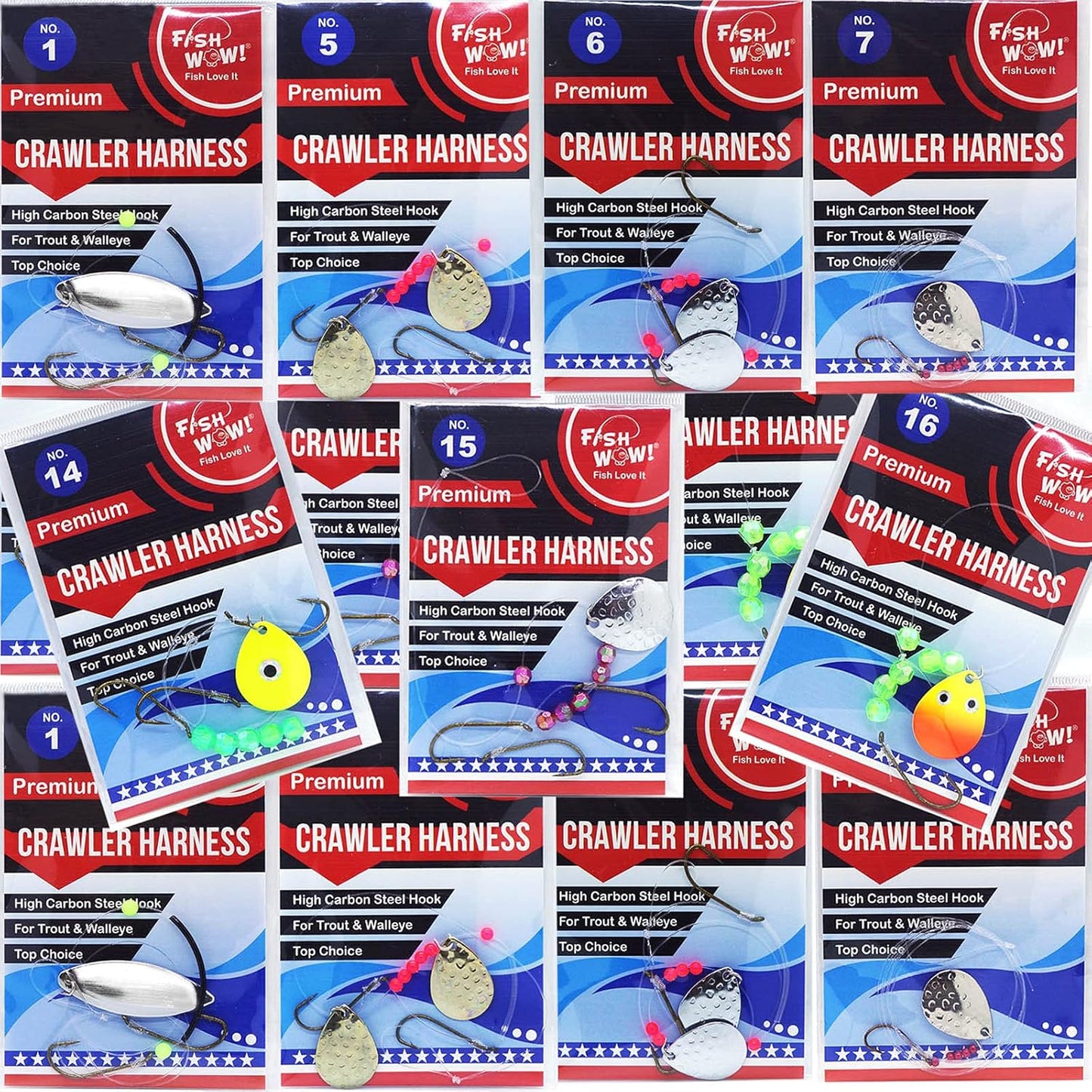 14 Packs 7 Styles Crawler Harness Walleye Spinner Rig 1-Hook, 2-Hook, 3-Hook