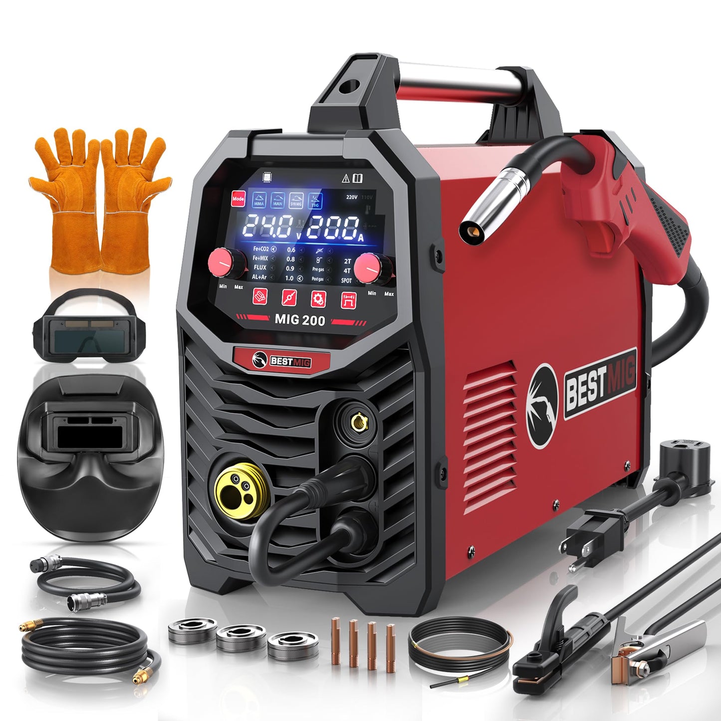 BESTMIG 135A MIG Welder - 3-in-1 Flux Core Welder, MIG/Lift TIG/Stick Welding Machine - Portable IGBT Inverter - 110V with Welding Helmets and Gloves (Red Black, MIG 135A Welder)