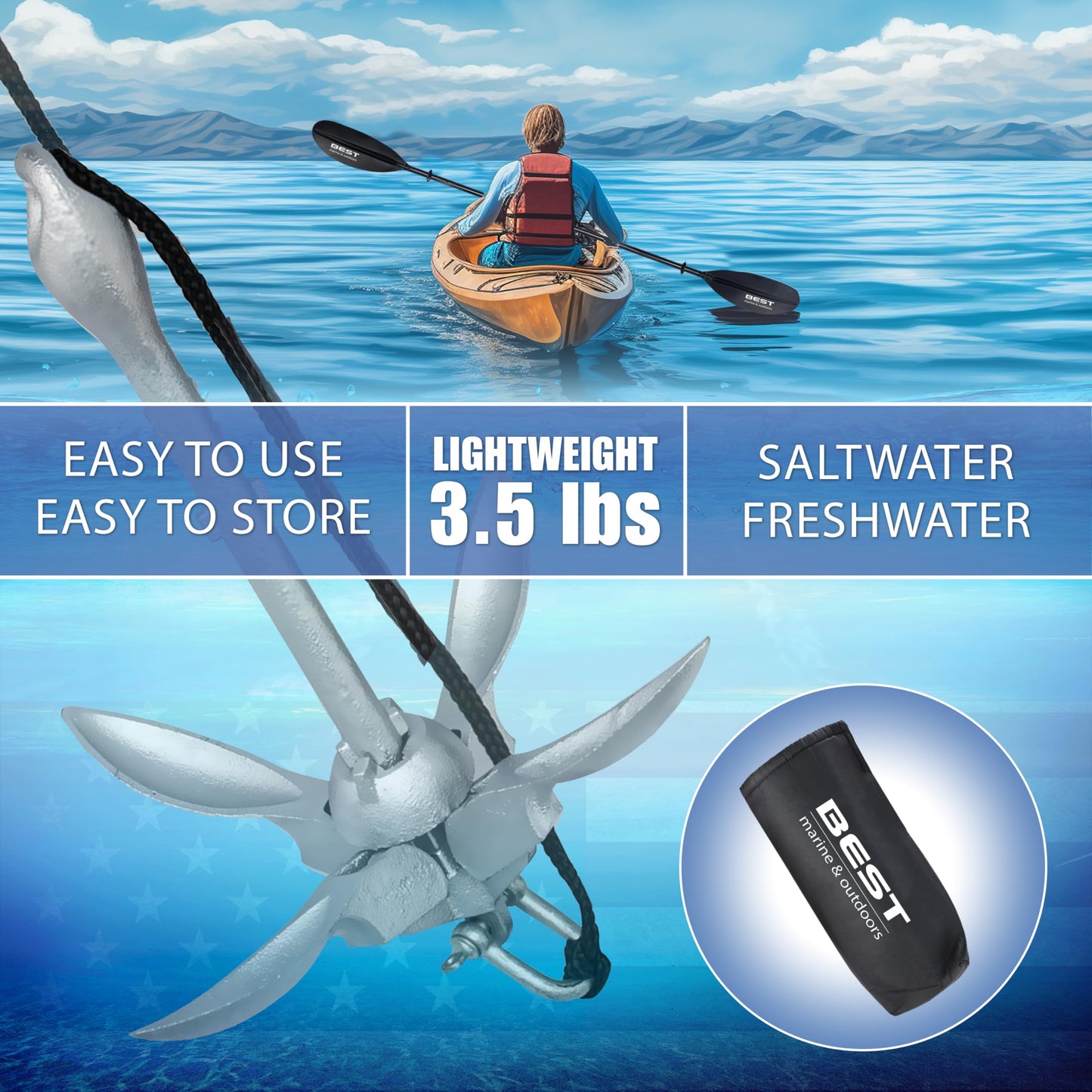 Best Marine and Outdoors Kayak Anchor, 3.5 Pound Anchor System Kit for Kayaks, Canoes, SUP Paddle Boards & Jet Skis, Fishing, Boating & Kayaking Accessories