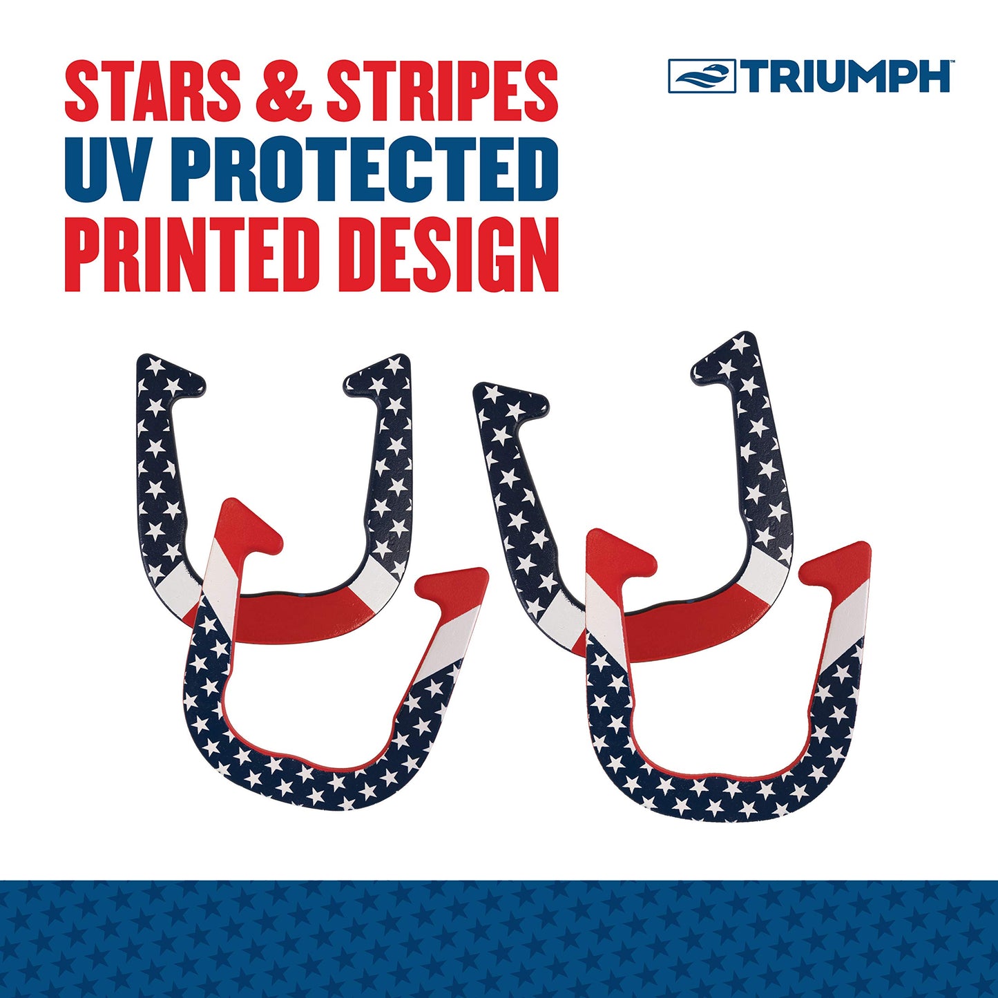 TRIUMPH SPORTS USA Patriotic Forged Horseshoe Set Complete with 4 Horseshoes, 2 Stakes and Hard Plastic Case with Locking Tabs for Transportation and Storage