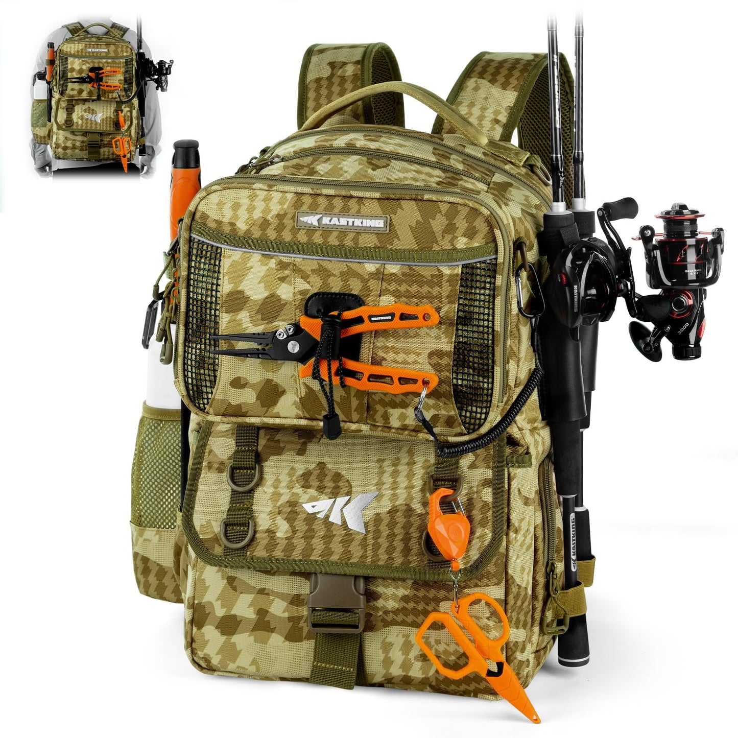 KastKing BaitSpace 50L Fishing Tackle Backpack with Removable Bait Binder & 4 Tackle Boxes, Rod Holders Storage Fishing Gear