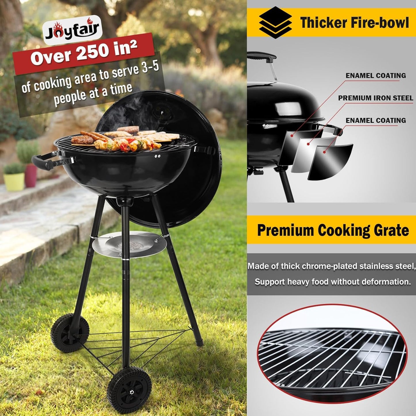 Joyfair Kettle Charcoal Grill (18 Inch), Outdoor Barbecue Grill for Camping/Backyard/Tabletop Grilling, Portable Round Smoker with Wheels, Enameled Lid & Fire Bowl, Dual Venting System, Black