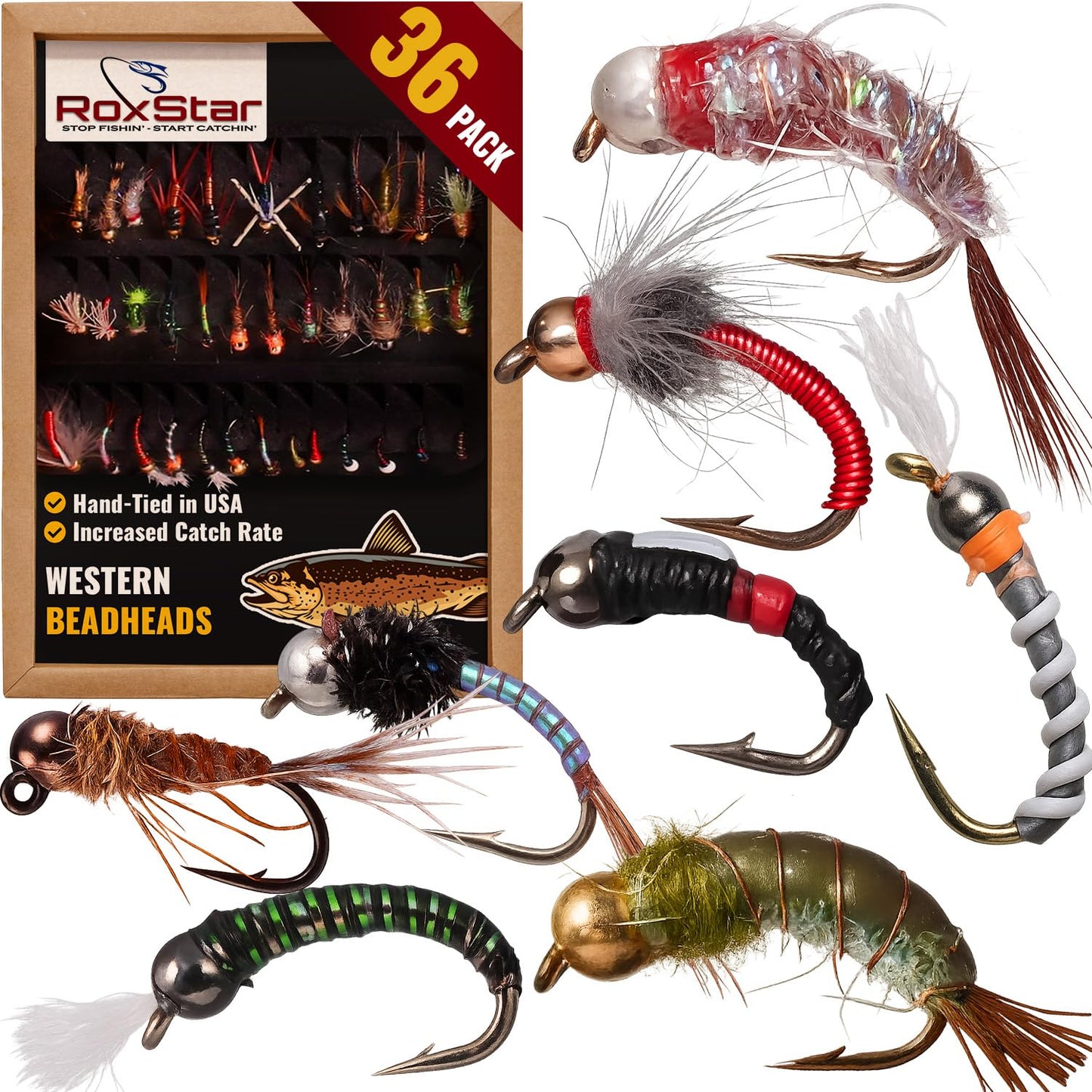 RoxStar Fly Fishing Shop | Proudly Hand Tied in The USA | Western Trout Fly Assortment | Top 24 Producing Trout Flies for The West | Gift Box Included | (24 Pack)