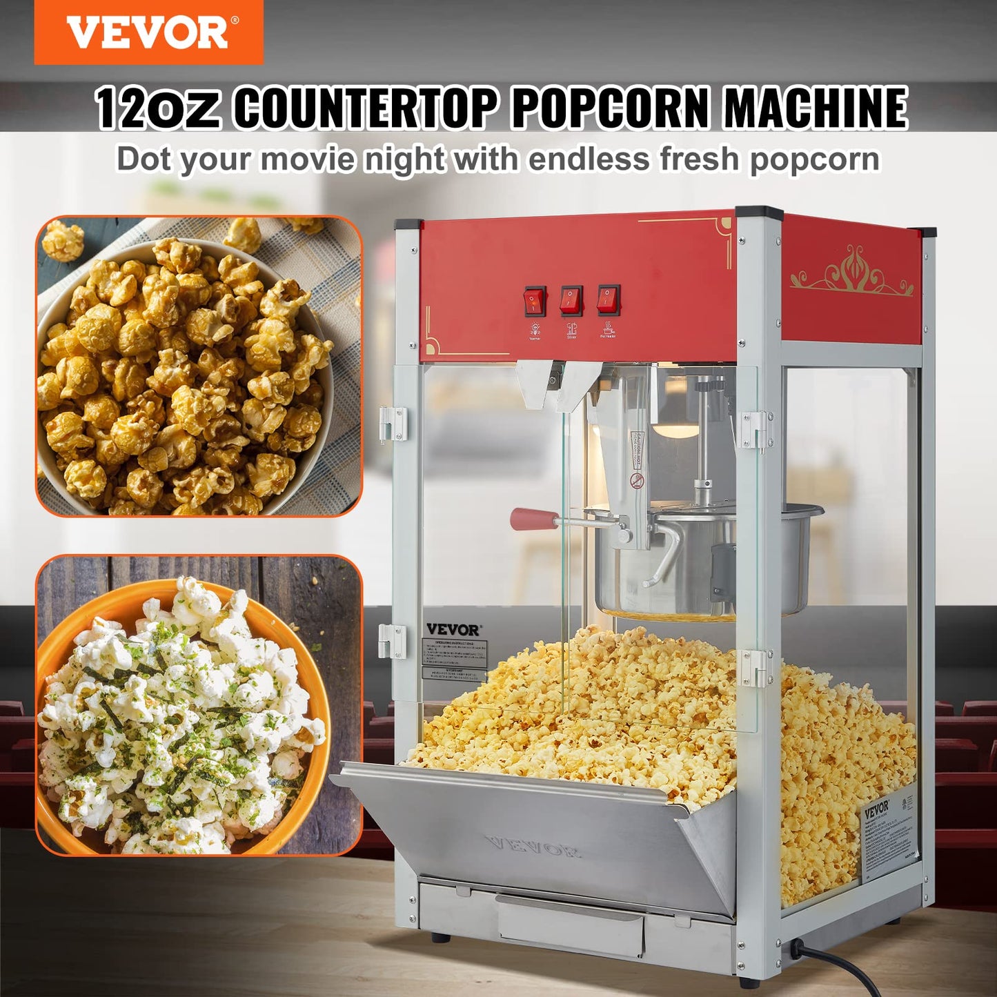 VEVOR Commercial Popcorn Machine, 8 Oz Kettle, 850 W Countertop Popcorn Maker for 48 Cups per Batch, Theater Style Popper with 3-Switch Control Steel Frame Tempered Glass Doors 2 Scoops 2 Spoons, Red