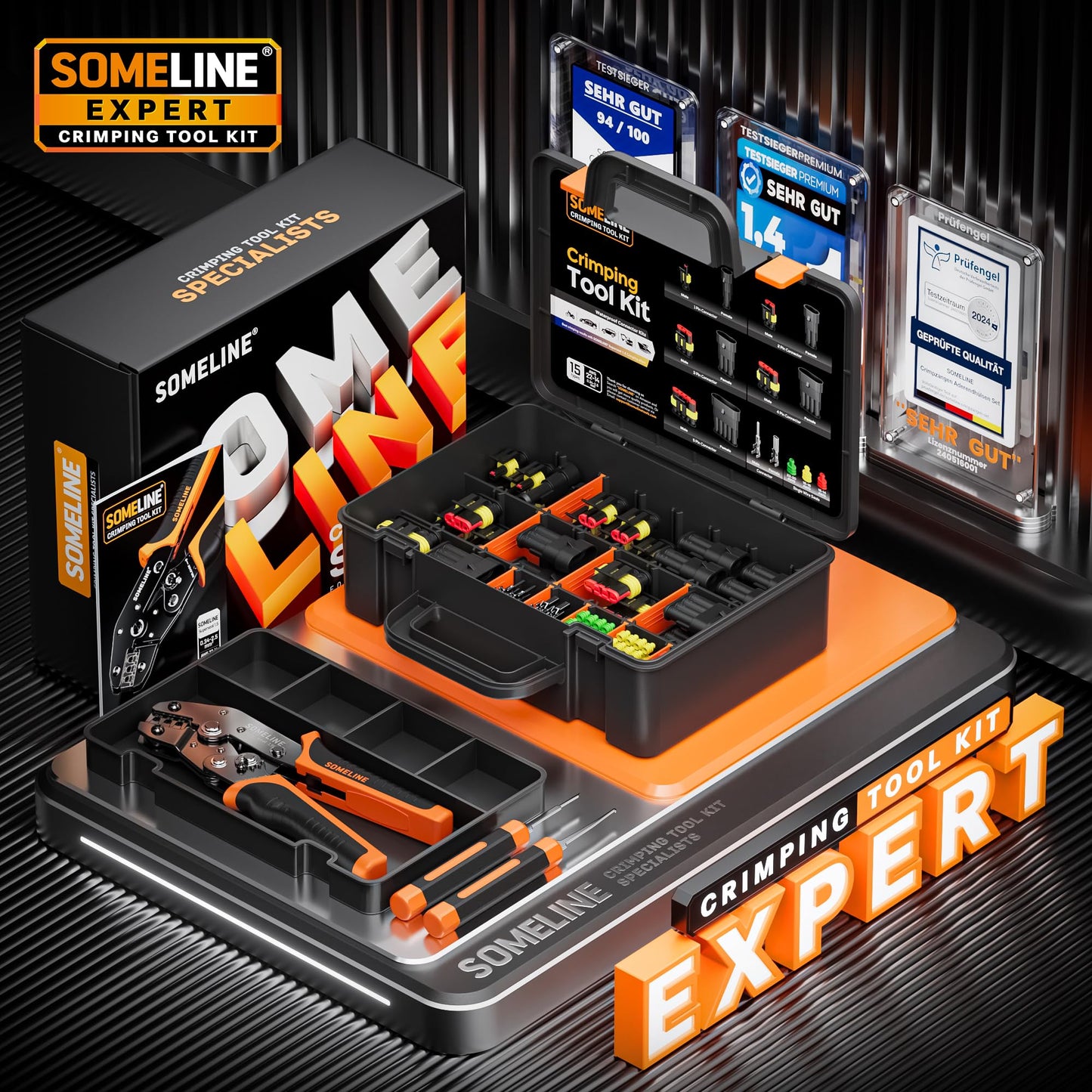 SOMELINE Crimping Tool Kit, Waterproof Automotive Electrical Connectors Electrical Wire Connectors Plug Kit 1/2/3/4/5 Pin Waterproof Connectors with 22-14 AWG Ratchet Crimping Tool and Removal Tools