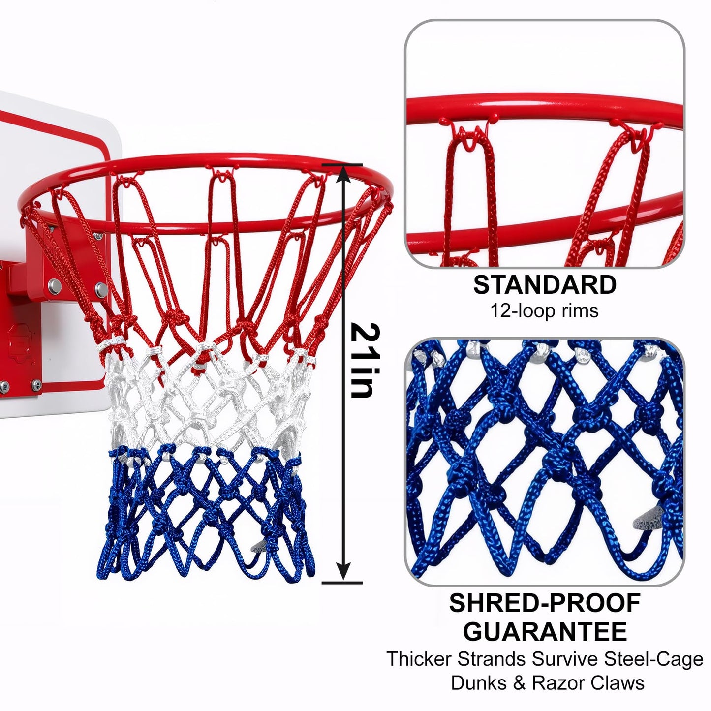 ELFFILLA Basketball Net Heavy Duty 7.16oz Professional Grade, All Weather Anti Whip Basketball Net Replacement for Outdoor Indoor Standard Hoop, 12 Loops Reinforced (Red White Blue)