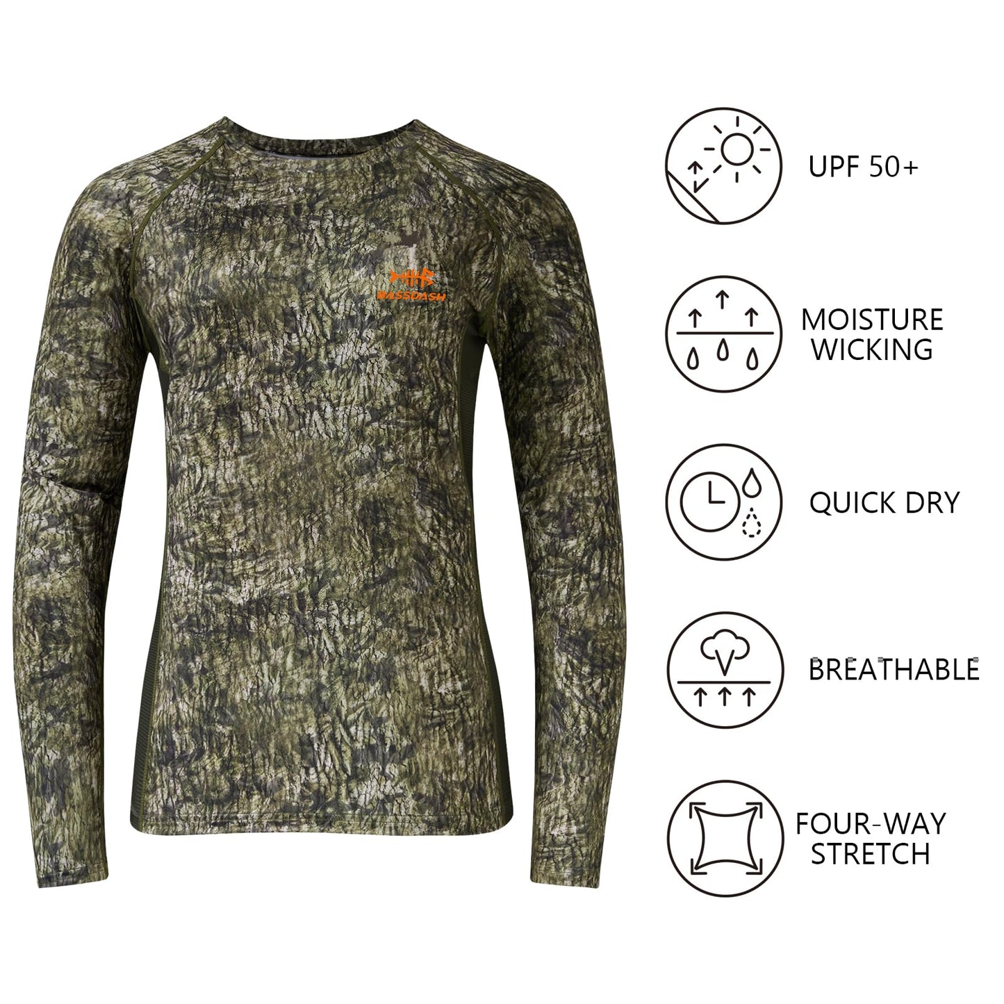 BASSDASH Women’s Camo Hunting Shirt Long Sleeve UPF 50+ Sun Protection Performance Tee Fishing Hiking