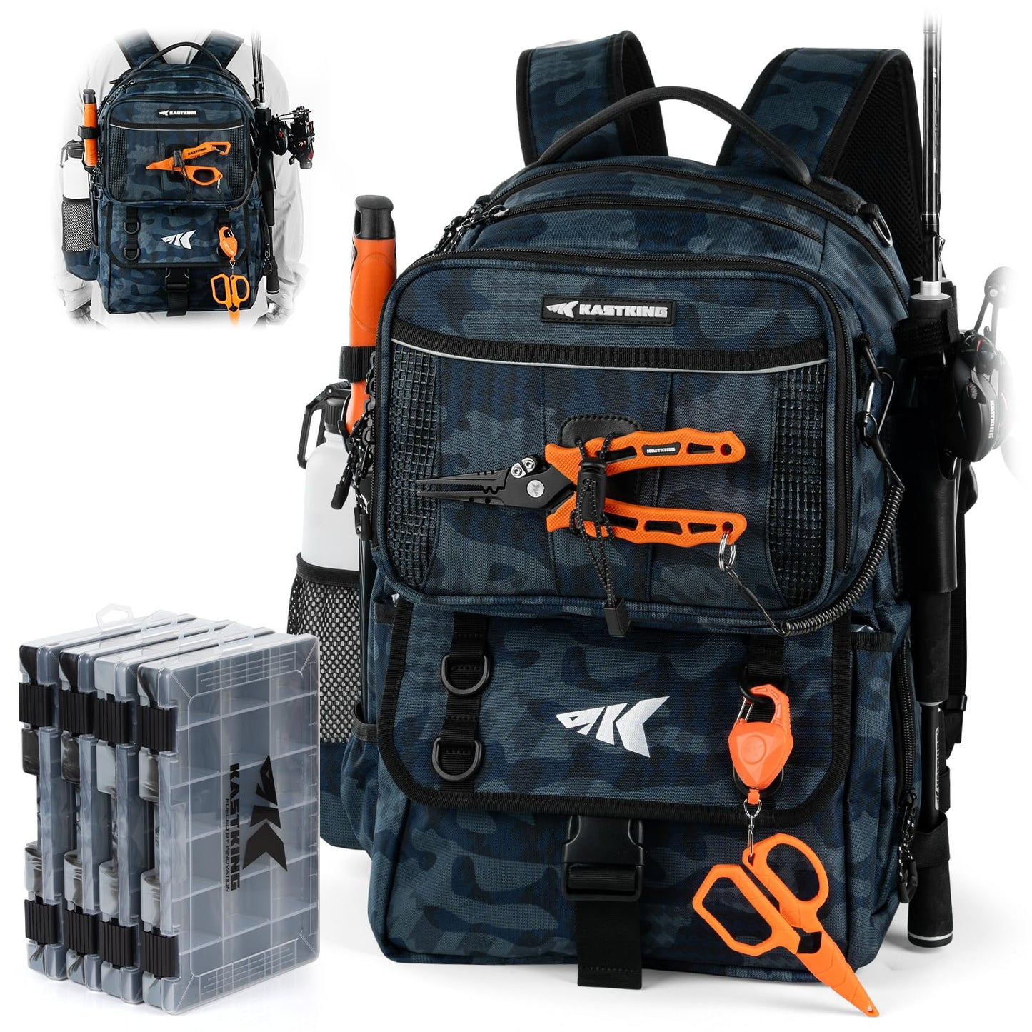 KastKing BaitSpace 50L Fishing Tackle Backpack with Removable Bait Binder & 4 Tackle Boxes, Rod Holders Storage Fishing Gear