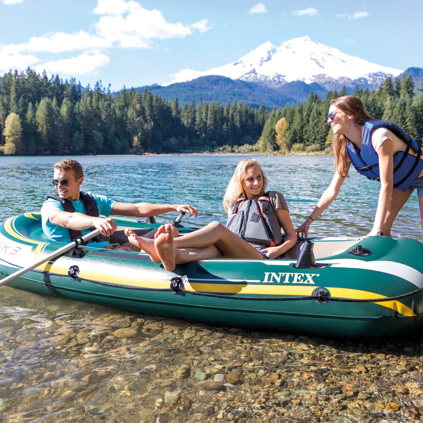 INTEX Seahawk Inflatable Boat Series: Includes Deluxe Aluminum Oars and High-Output Pump – SuperStrong PVC – Fishing Rod Holders – Heavy Duty Grab Handles – Gear Pouch