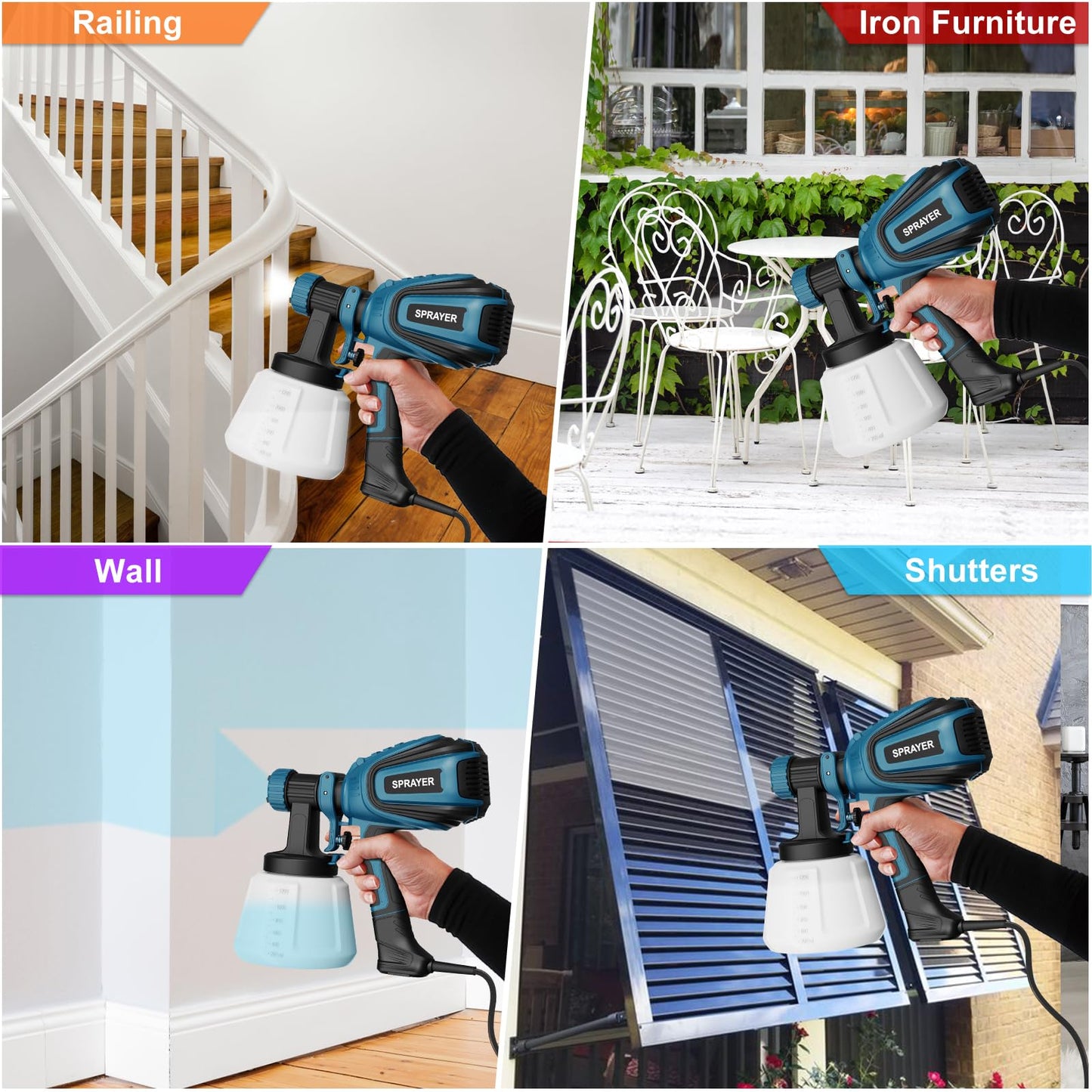 Paint Sprayer, 700W HVLP Spray Gun with Cleaning & Blowing Joints, 4 Nozzles and 3 Patterns, Easy to Clean, for Furniture, Cabinets, Fence, Walls, Door, Garden Chairs etc. VF803