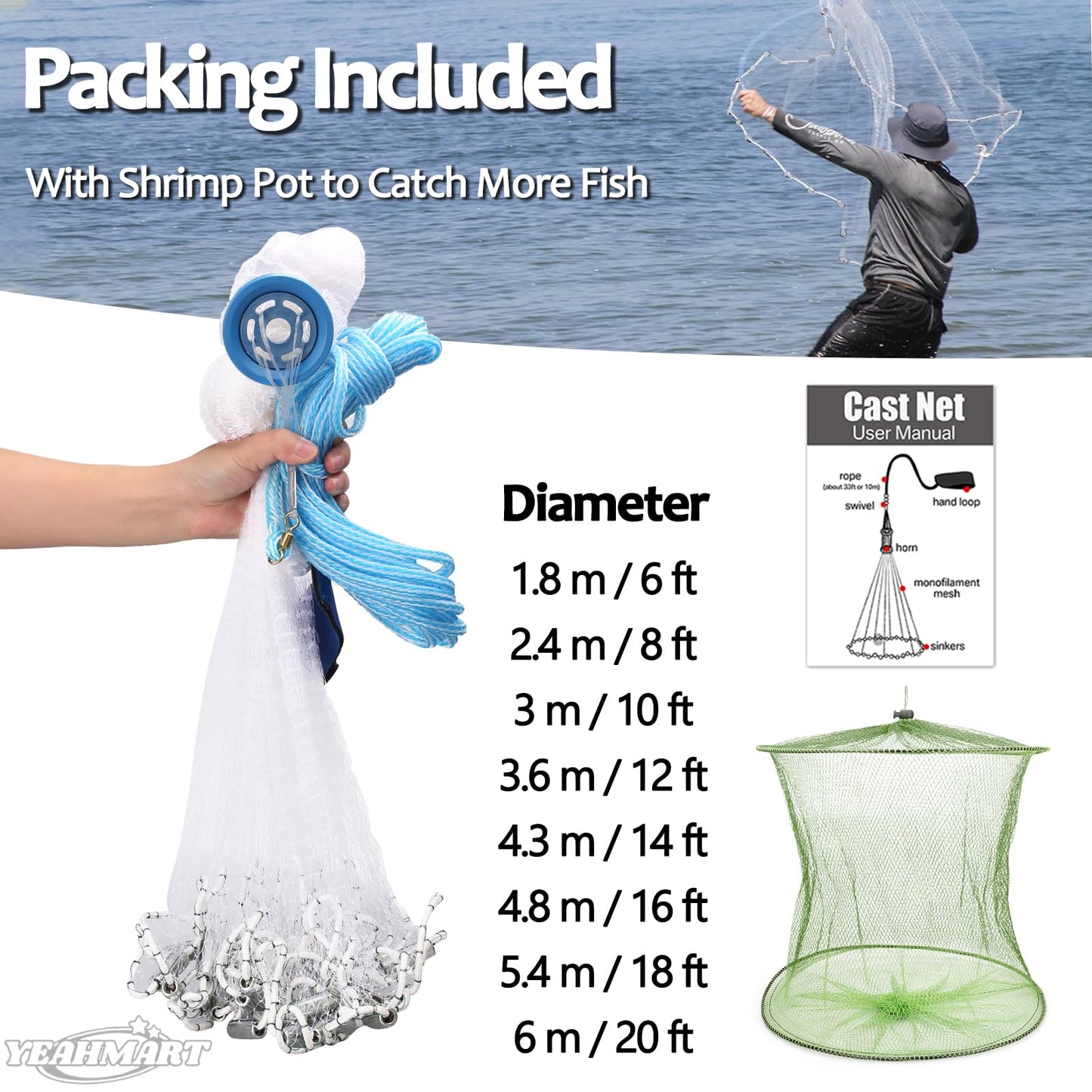 Yeahmart American Saltwater Fishing Cast Net for Bait Trap Fish 3ft/4ft/5ft/6ft/7ft/8ft/9ft/10ft Radius Casting Nets with Heavy Duty Real Zinc Sinker Weights, 3/8inch Mesh Size