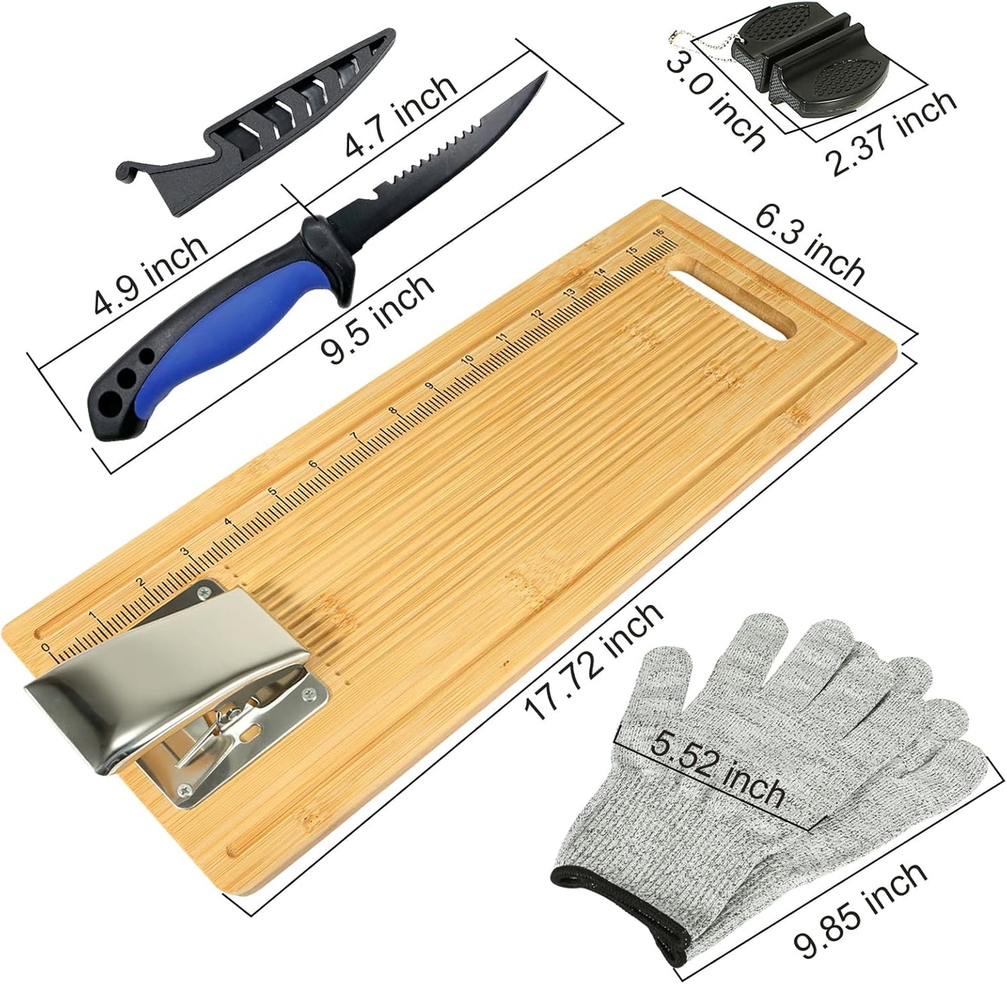 Fish Cleaning Board, Fish Fillet Board with Clamp Fillet Knife and Gloves, Portable Fishing Measuring Board 18 inches, Fish Cleaning Kit Gifts for Fishing Man Woman