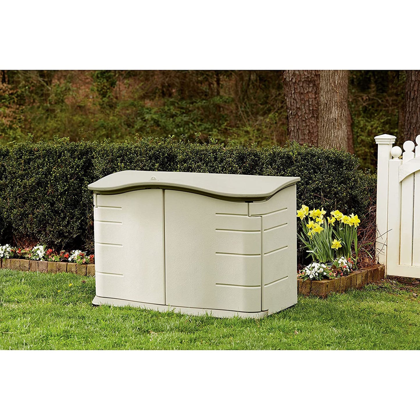 Rubbermaid Small Horizontal Resin Outdoor Storage Shed With Floor (4.5 x 3 Ft) Weather Resistant, Beige/Brown, Organization for Home/Backyard/Pool Chemicals/Toys/Garden Tools/Porch/Patio Cushions