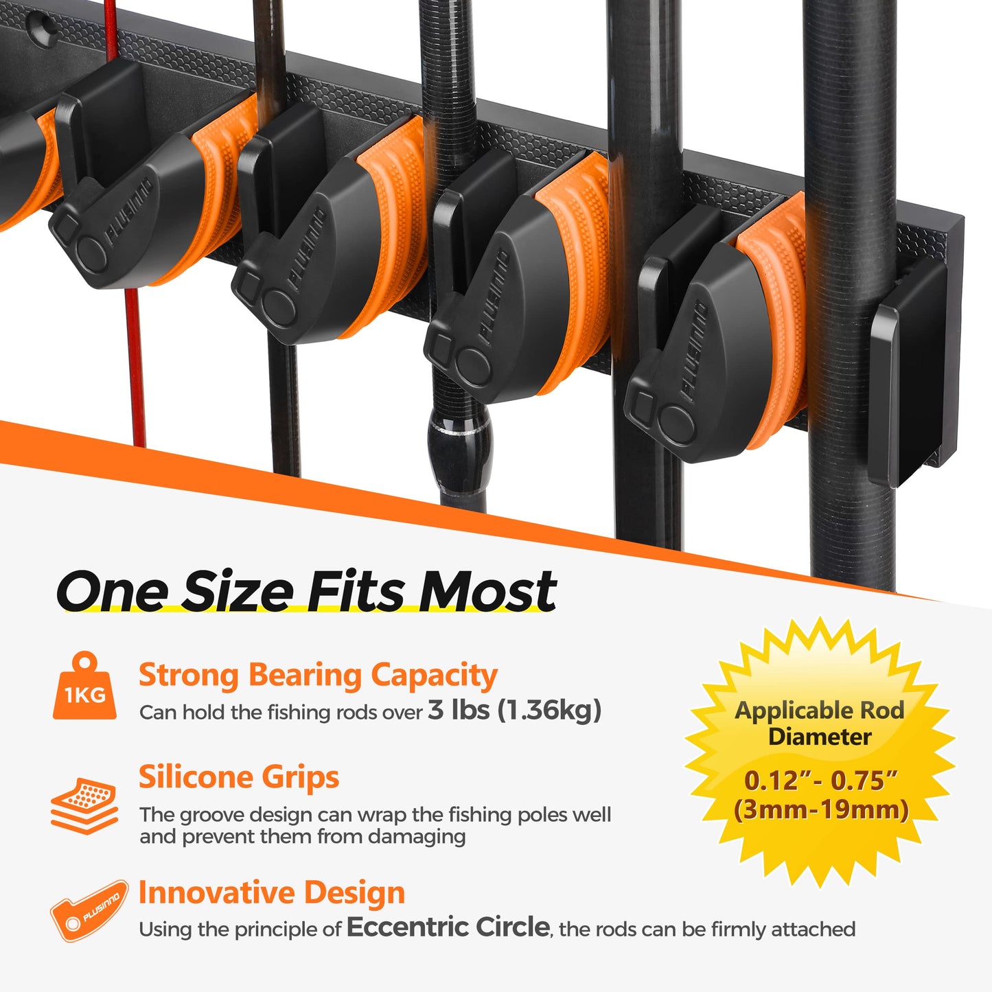 PLUSINNO Vertical Fishing Rod Holder, Wall Mounted Fishing Rod Rack, Fishing Pole Holder Holds Up to 9 Rods or Combos, Fishing Rod Holders for Garage, Fits Most Rods of Diameter 3-19mm