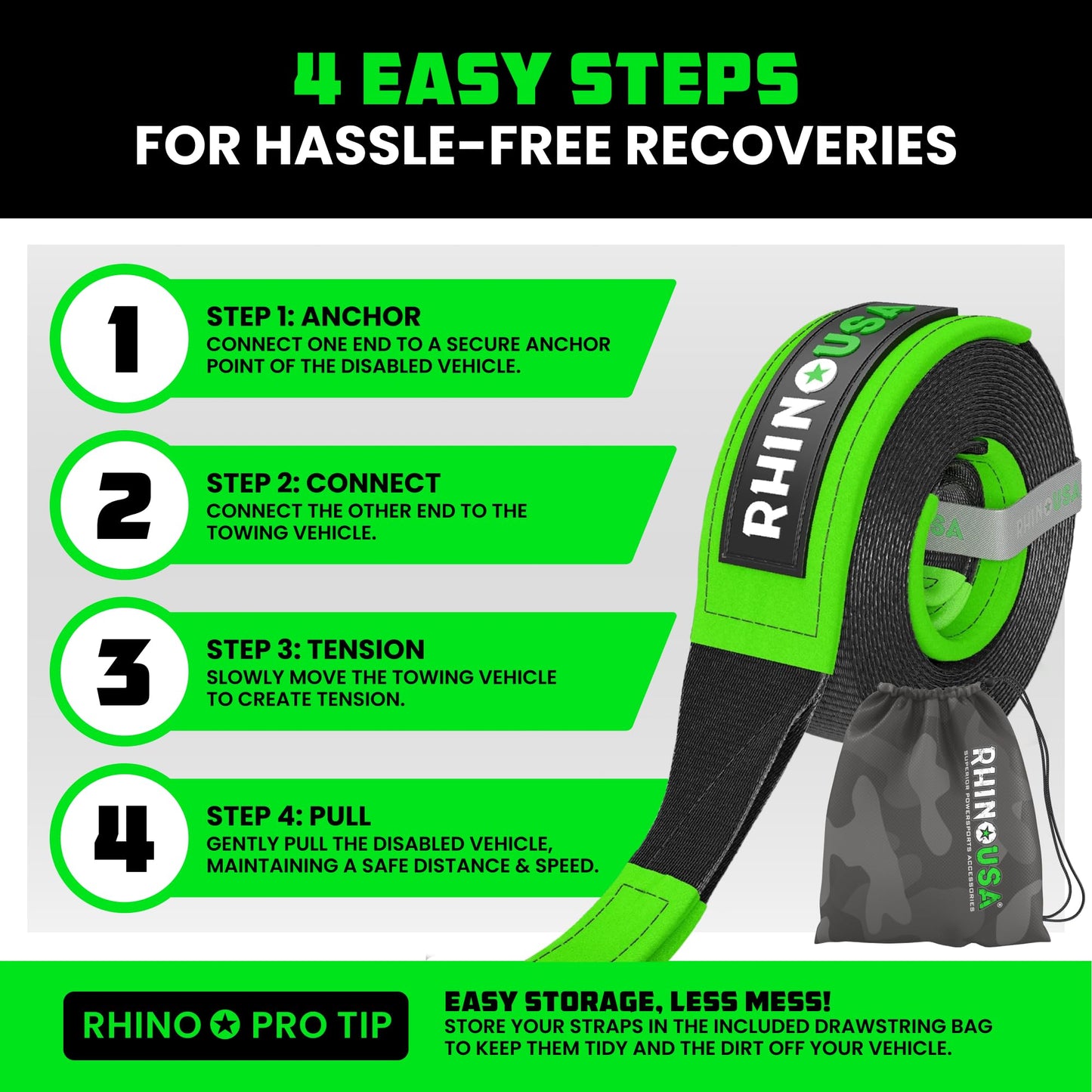 Rhino USA Recovery Tow Strap (3" x 20') - 31,518lb Break Strength - Emergency Recovery Strap Tow Rope for Truck, UTV, ATV & More - Heavy Duty Towing Strap for Offroad 4x4 Use - Compatible with Jeep
