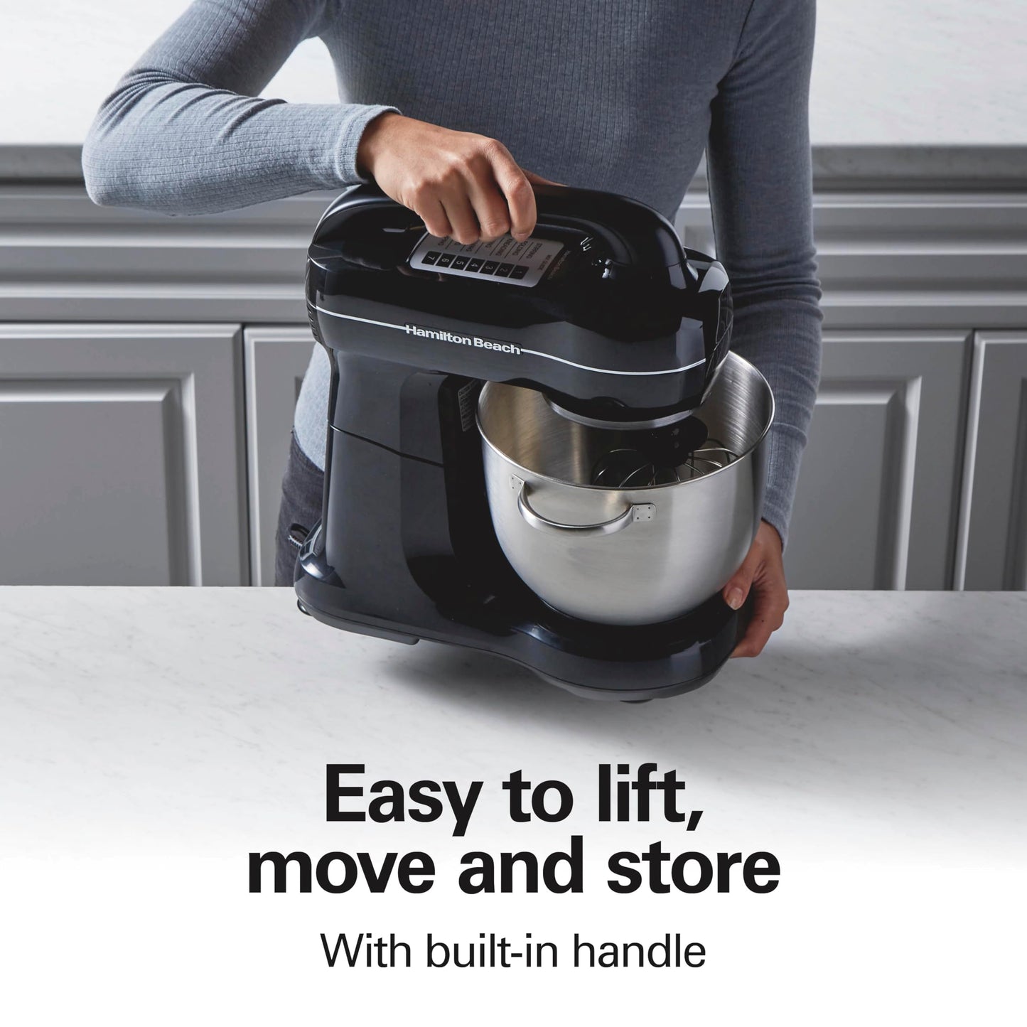Hamilton Beach Electric Stand Mixer, 4 Quarts, Dough Hook, Flat Beater Attachments, Splash Guard, 7 Speeds with Whisk, Easy-Carry Top Handle, Blue