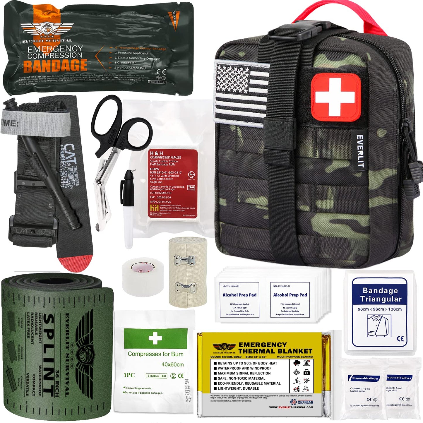 EVERLIT Emergency Trauma Kit, CAT GEN-7 Tourniquet 36" Splint, Military Combat Tactical IFAK for First Aid Response, Critical Wounds, Severe Bleeding Control (Black)