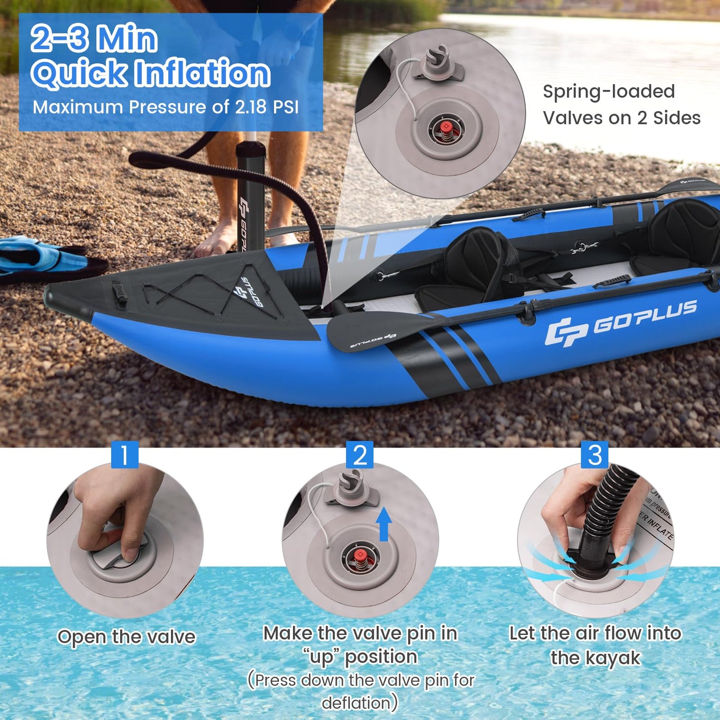 Goplus Inflatable Kayak, 2-Person Kayak Set for Adults with 507 LBS Weight Capacity, 2 Aluminium Oars, EVA Padded Seat, 2 Fins, Hand Pump, Carry Bag, Repair Kit, Portable Touring Kayaks