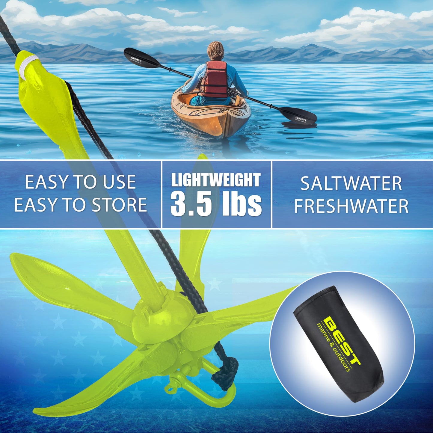 Best Marine and Outdoors Kayak Anchor, 3.5 Pound Anchor System Kit for Kayaks, Canoes, SUP Paddle Boards & Jet Skis, Fishing, Boating & Kayaking Accessories