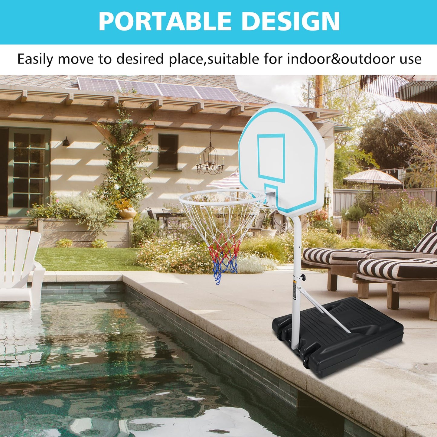 SculPong Swimming Pool Basketball Hoop Portable Water Basketball Goal Poolside Height Adjustable Beach Basketball Stand for Pool with Base and 35" Backboard for Indoor Outdoor Games 3.1-4.7 FT Blue