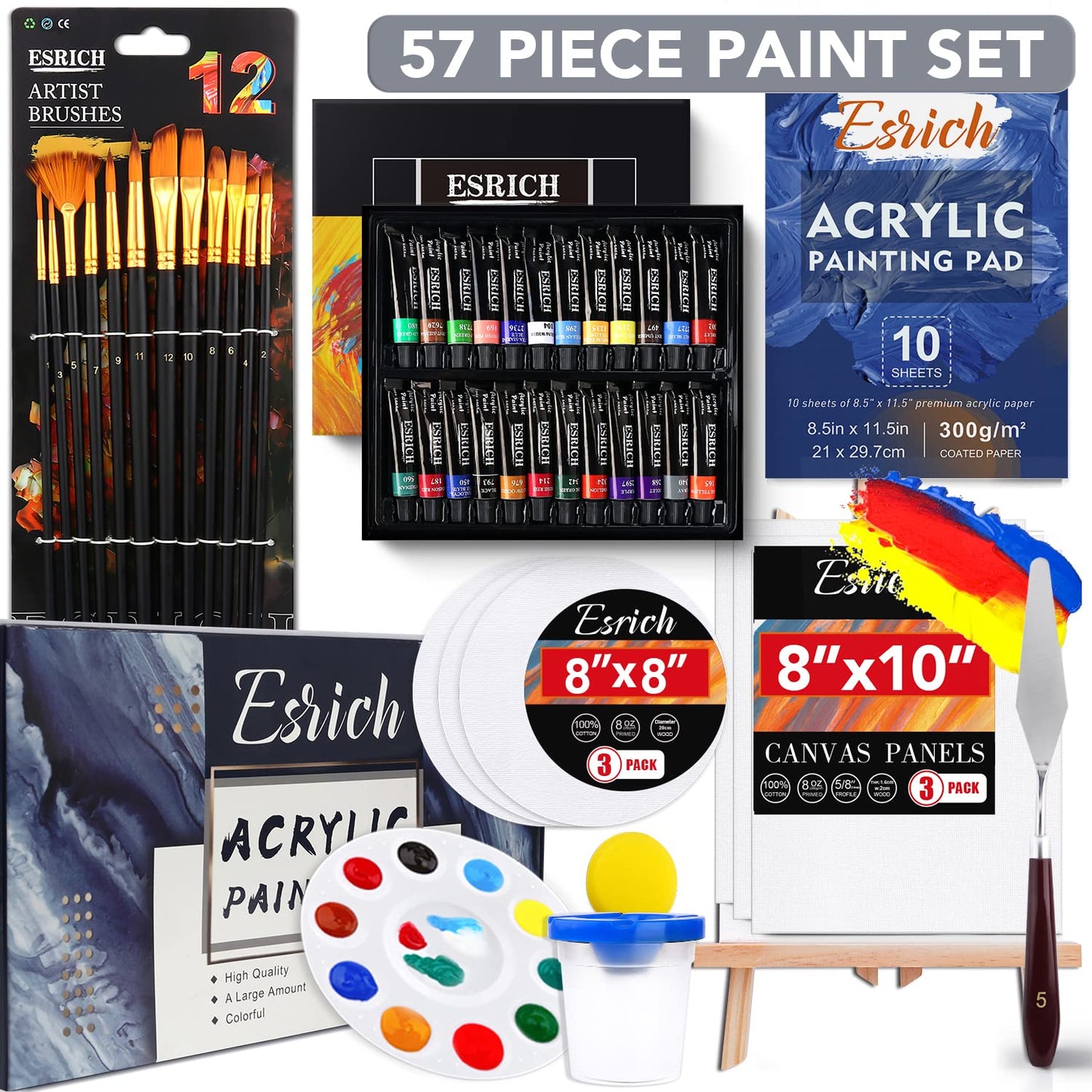 ESRICH Professional Acrylic Paint Set, 60PCS with Painting Brushes,Acrylic Paints,Easel,4 Sizes Blank Canvases,Palette, Paint Knives,Brush Cup and Art Sponges for Adults Hobbyists and Beginners