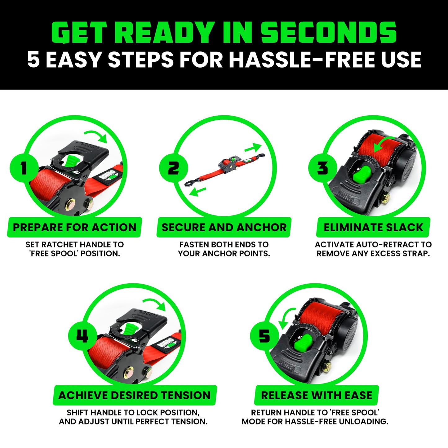 Rhino USA Retractable Ratchet Straps (4-Pack) - 1 Inch x 10 Feet (1,209lb Break Strength) - Heavy Duty Auto Self Retracting Tie Down Straps for Truck, Cargo Trailer, Motorcycle, Rad & More - Black