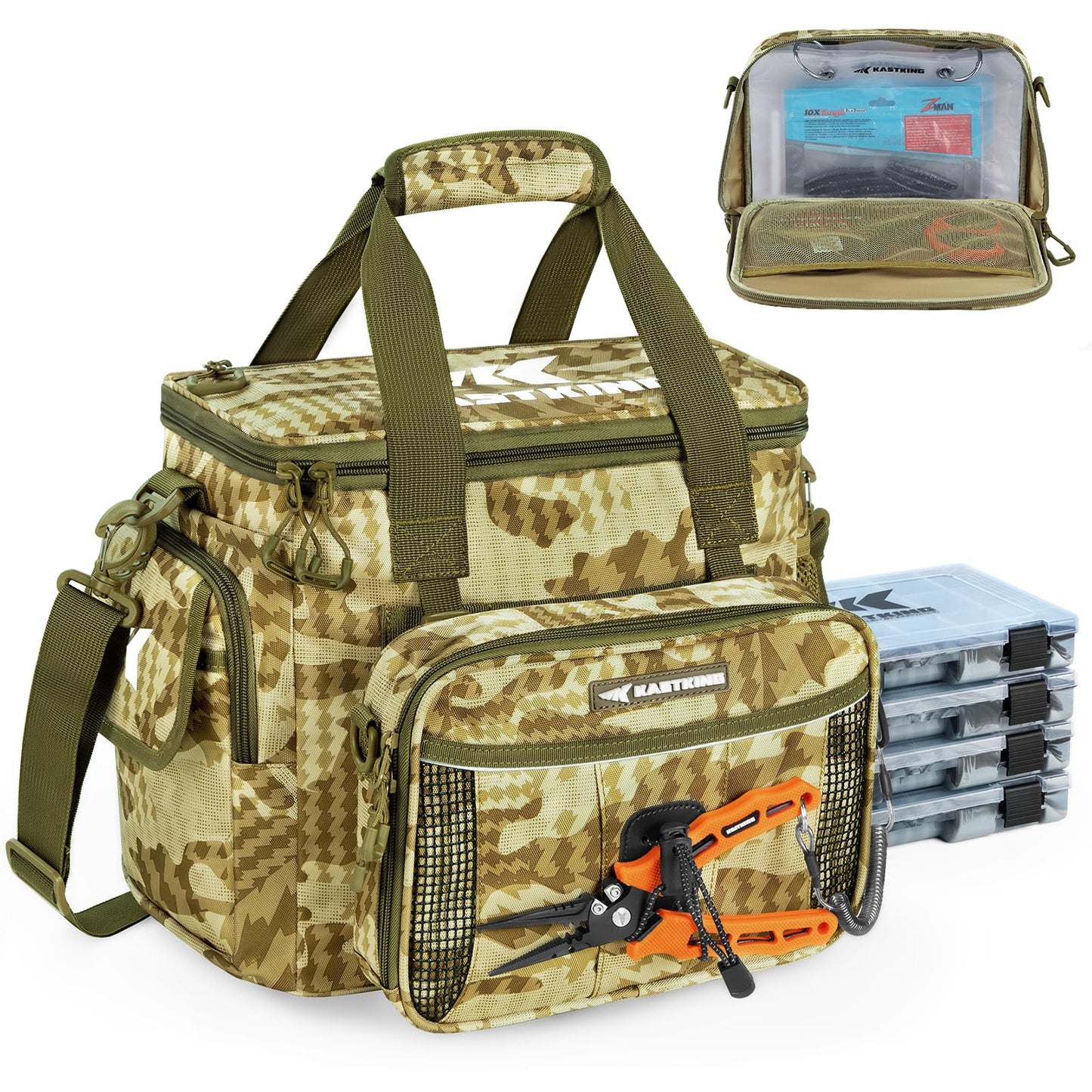 KastKing BaitSpace Fishing Tackle Bag With 4 Tackle Boxes & Removable Bait Binder, Water-Resistant Tackle Storage, Durable Fishing Gear, Adjustable Shoulder Strap