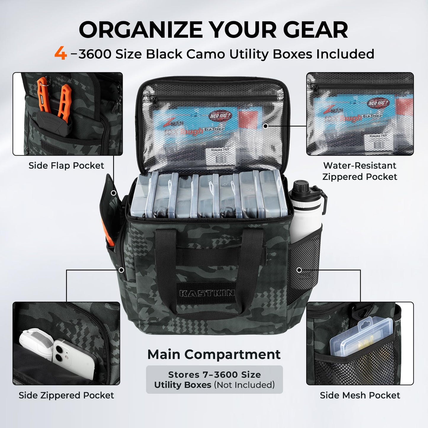 KastKing BaitSpace Fishing Tackle Bag With 4 Tackle Boxes & Removable Bait Binder, Water-Resistant Tackle Storage, Durable Fishing Gear, Adjustable Shoulder Strap