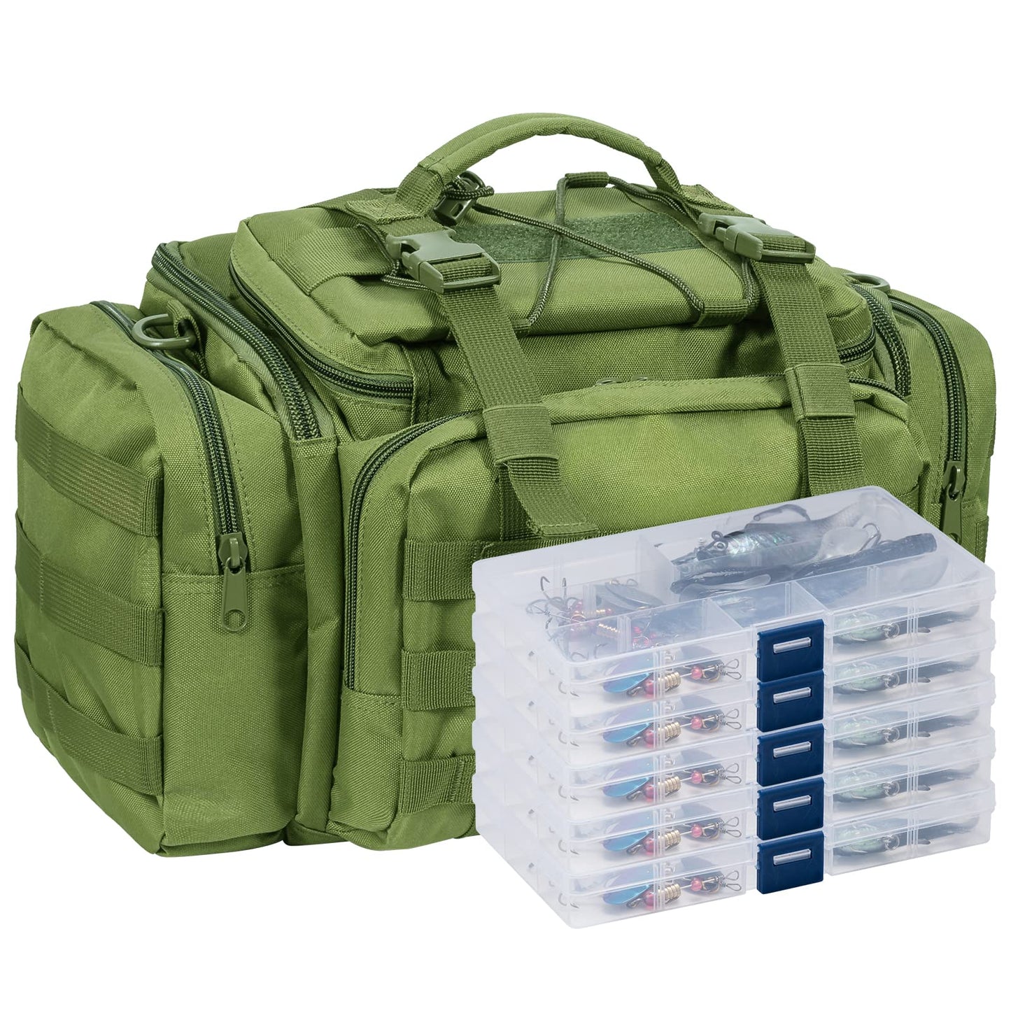 Dr.Fish Fishing Tackle Bag 5 Boxes with 60 Lures Included Loaded Stocked Tackle Box Set Spinner Lures Kit Freshwater Gear Equipment