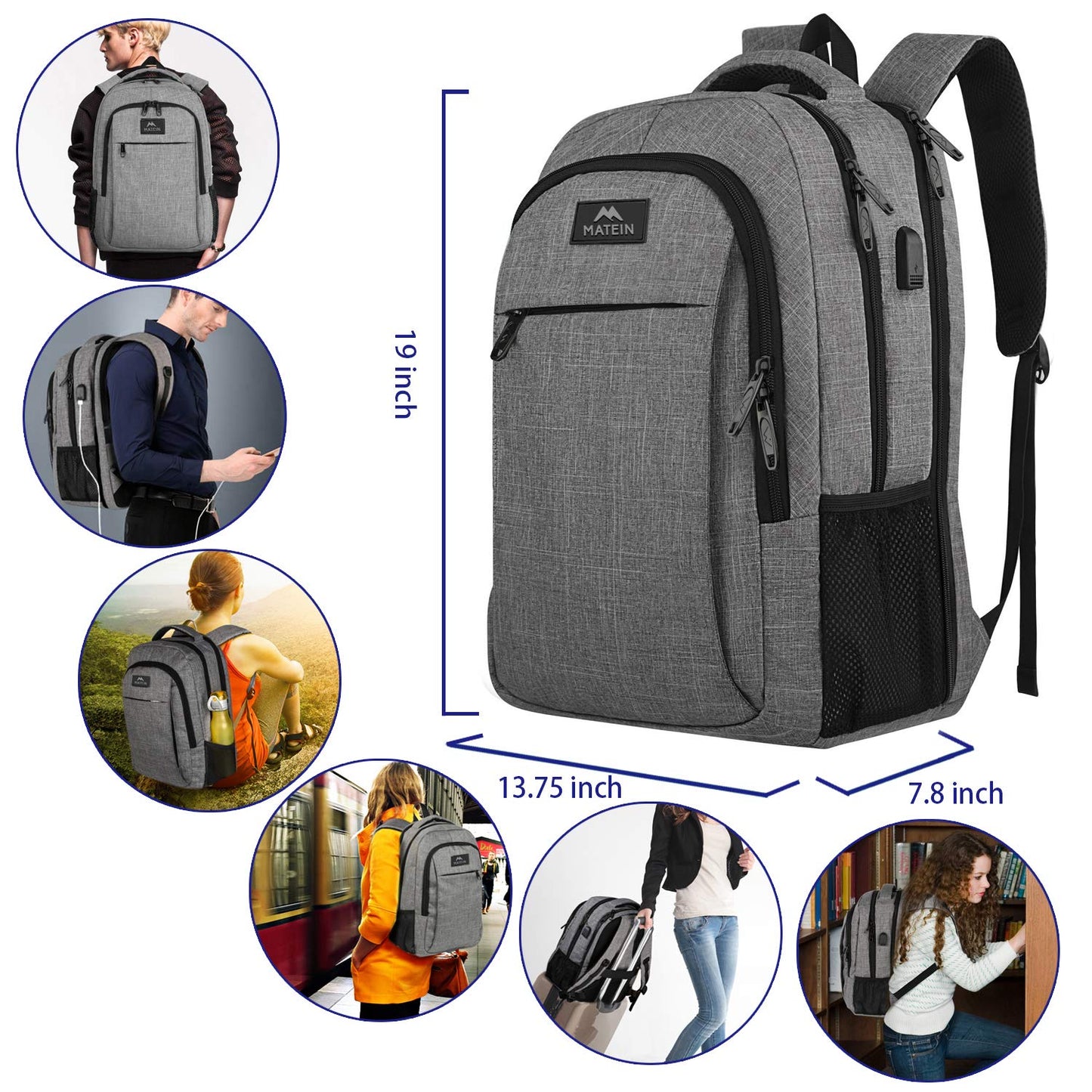 MATEIN Travel Laptop Backpack, Business Anti Theft Slim Sturdy Laptops Backpack with USB Charging Port, Water Resistant College School Computer Bag Gift for Men & Women Fits 15.6 Inch Notebook, Grey