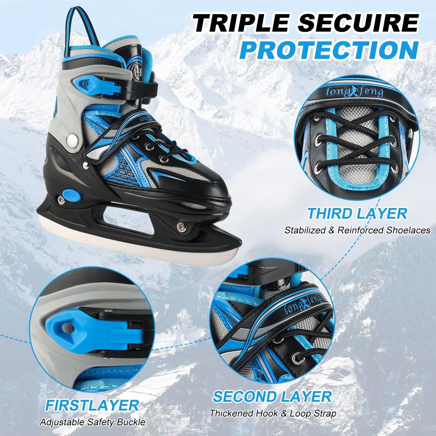 Adjustable Ice Skates for Kids Boys & Girls, 4 Sizes Adjustable, Warm & Comfortable Lining for Beginners-Ages 3-12, Outdoor & Ice Rink Skating Shoes (Blue, Large (5-8 US))