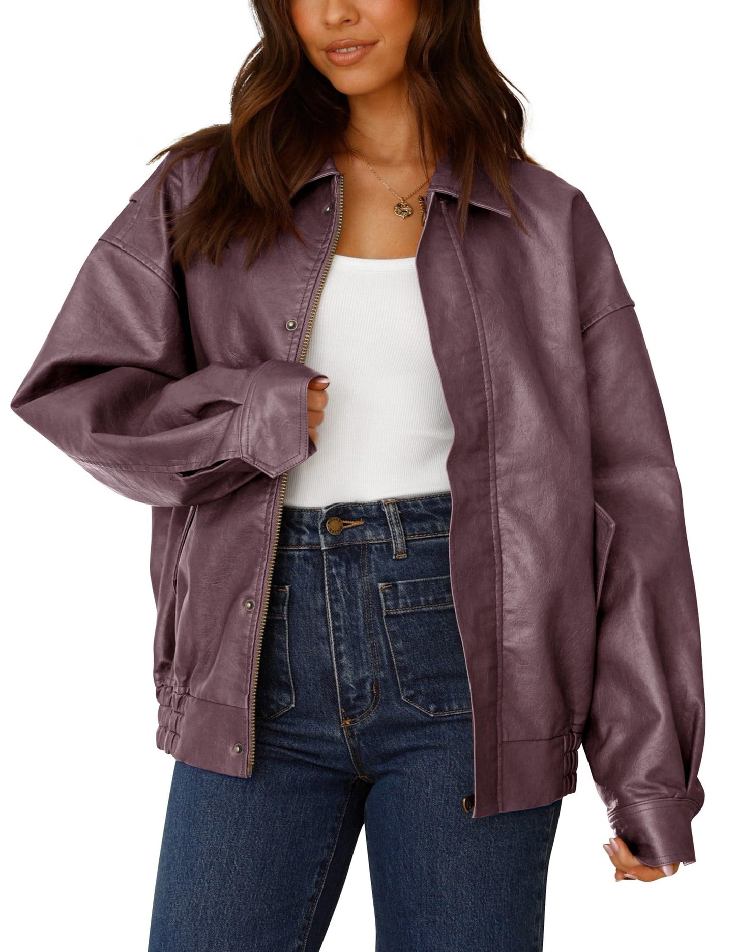 PRETTYGARDEN Women's Faux Leather Motorcycle Jacket Trendy Fall Spring Clothes Oversized Zip Up Winter Coat Outerwear