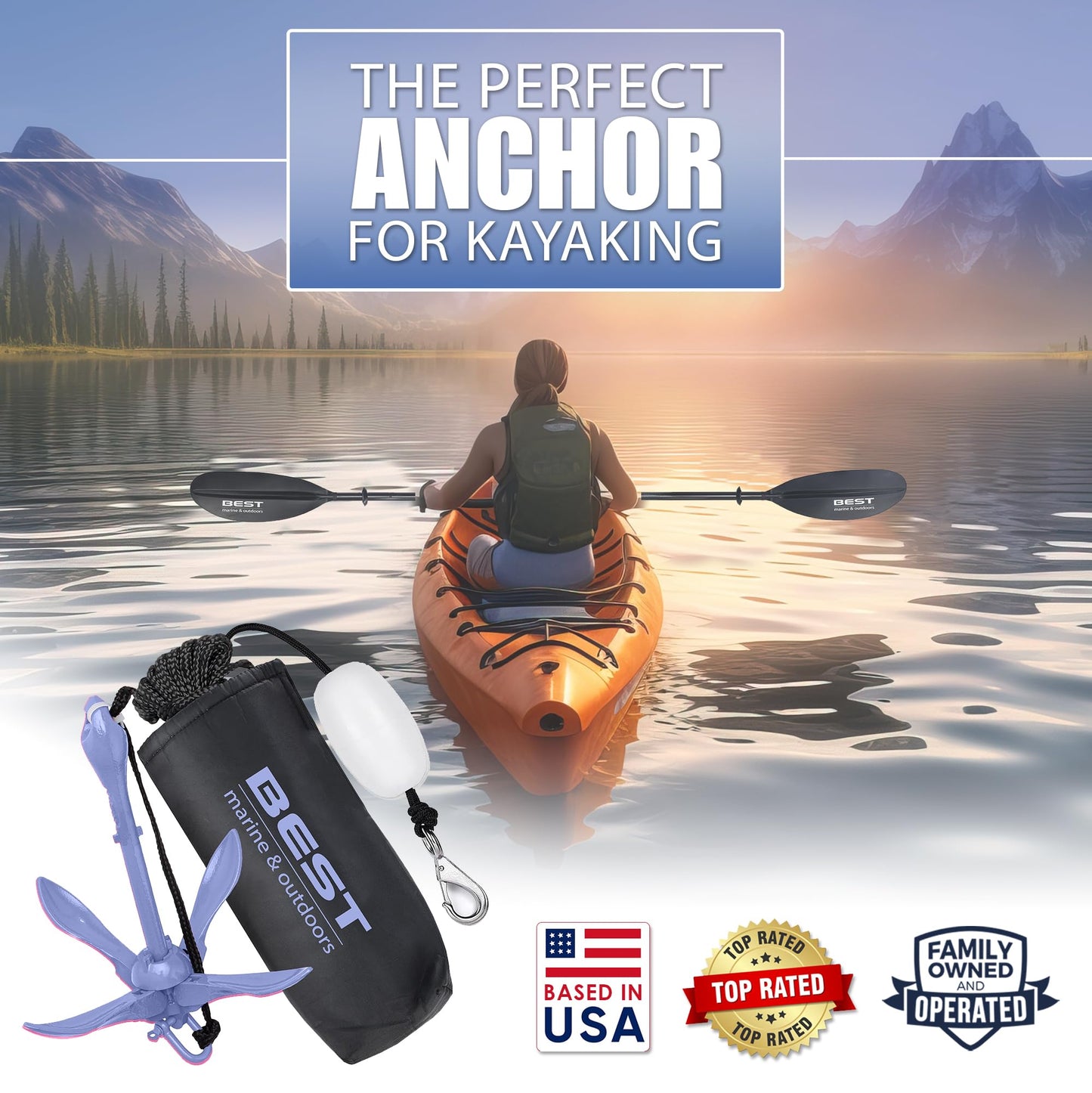 Best Marine and Outdoors Kayak Anchor, 3.5 Pound Anchor System Kit for Kayaks, Canoes, SUP Paddle Boards & Jet Skis, Fishing, Boating & Kayaking Accessories