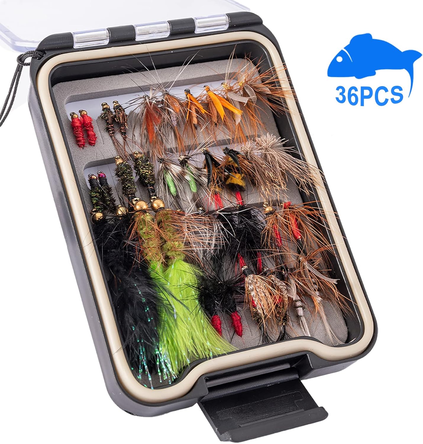 36 pcs Fly Fishing Flies Kit, Hand Tied Trout Bass Fly Assortment with Fly Box, Dry Wet Nymph Flies Streamers Fly Fishing Lures