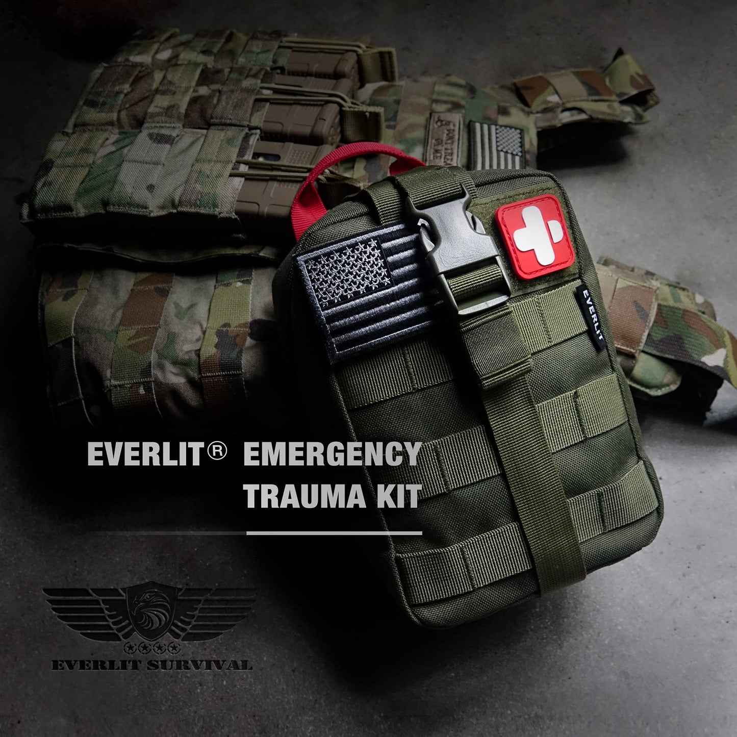 EVERLIT Emergency Trauma Kit, CAT GEN-7 Tourniquet 36" Splint, Military Combat Tactical IFAK for First Aid Response, Critical Wounds, Severe Bleeding Control (Black)