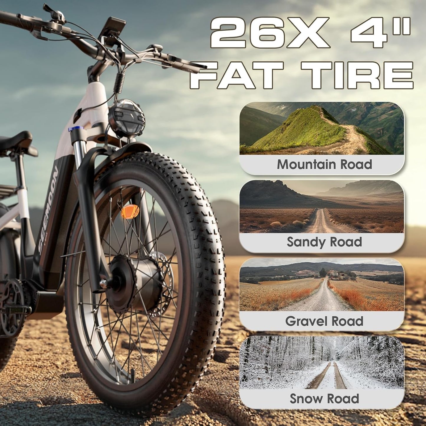 Seemoon Dual Motor 3000W Electric Bike for Adults, 52V 20Ah 26" Fat Tire Fast Ebike, Max 38 mph, up to 105 Miles, Hydraulic Brakes, Step-Through Design, Off-Road Mountain Hunting Bike for Men Women