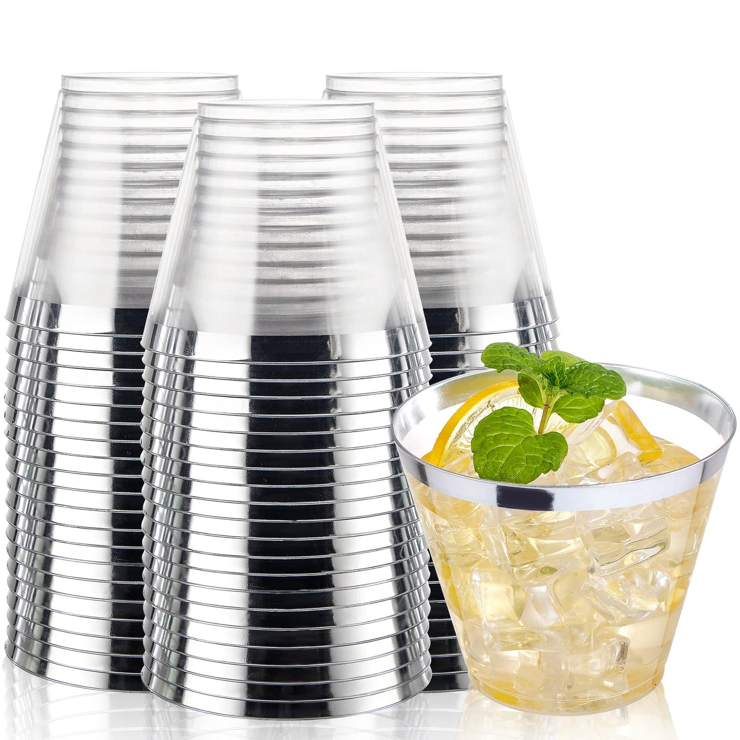 I00000 200 Pack Gold Plastic Cups, 9 Oz Elegant Clear Plastic Cups Gold Rimmed Disposable Wine Glasses Fancy Disposable Party Cups Wedding Cups Drinking Tumblers Plastic Cocktail Glasses with Gold Rim