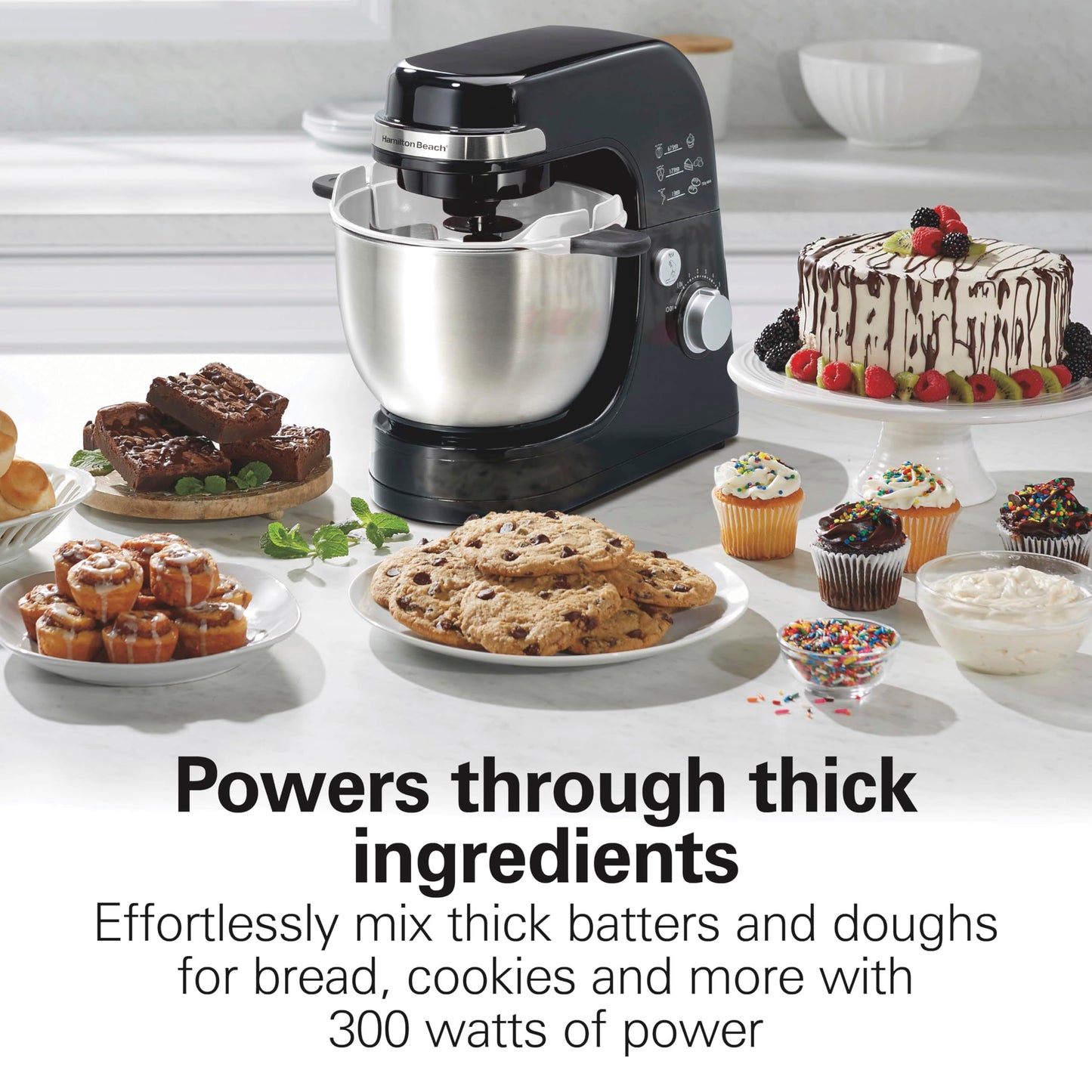 Hamilton Beach Electric Stand Mixer, 4 Quarts, Dough Hook, Flat Beater Attachments, Splash Guard 7 Speeds with Whisk, Black