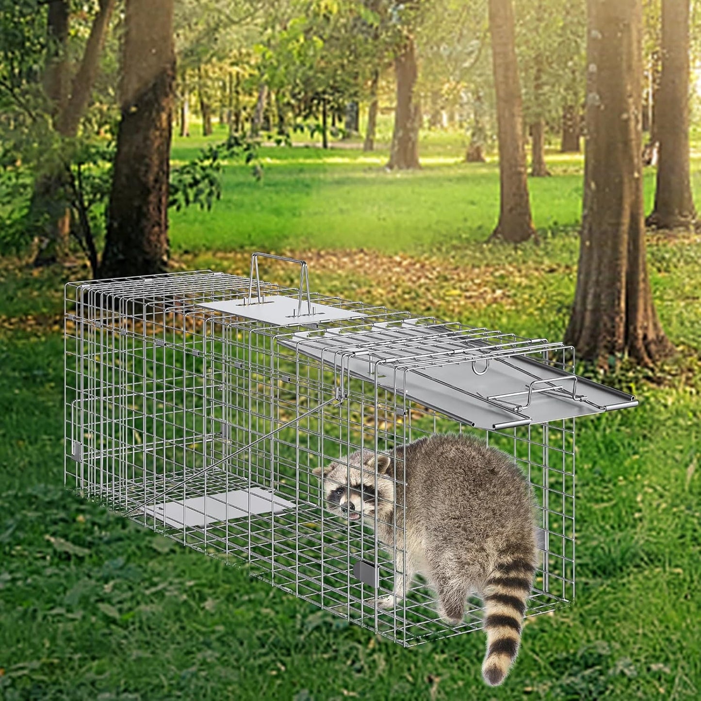 VEVOR Live Animal Cage Trap, 31" x 10" x 12" Humane Cat Trap Galvanized Iron, Folding Animal Trap with Handle for Rabbits, Stray Cats, Squirrels, Raccoons, Groundhogs and Opossums